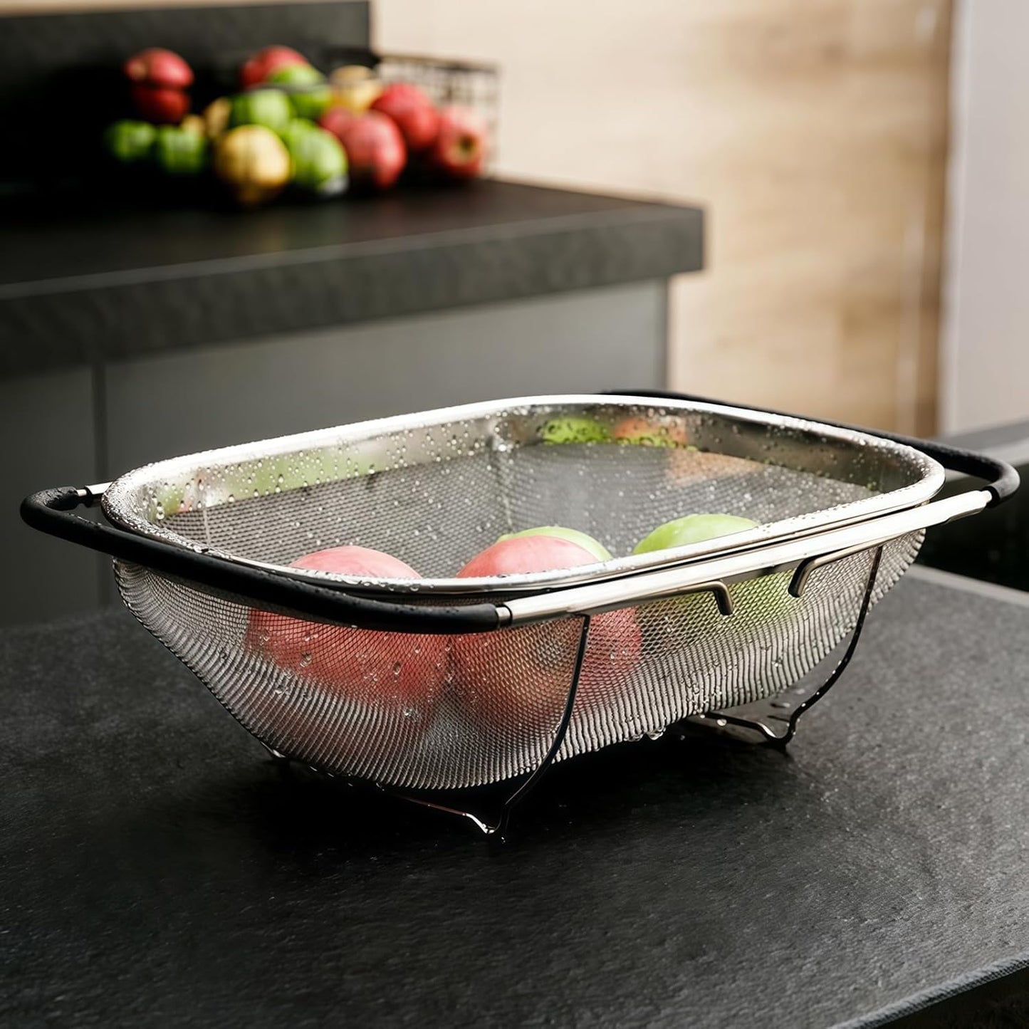 Over The Sink Colander 6 Quart Stainless Steel Fine Mesh Strainer Basket & Expandable Rubber Grip Handles - Strain, Drain, Rinse Fruits, Vegetables