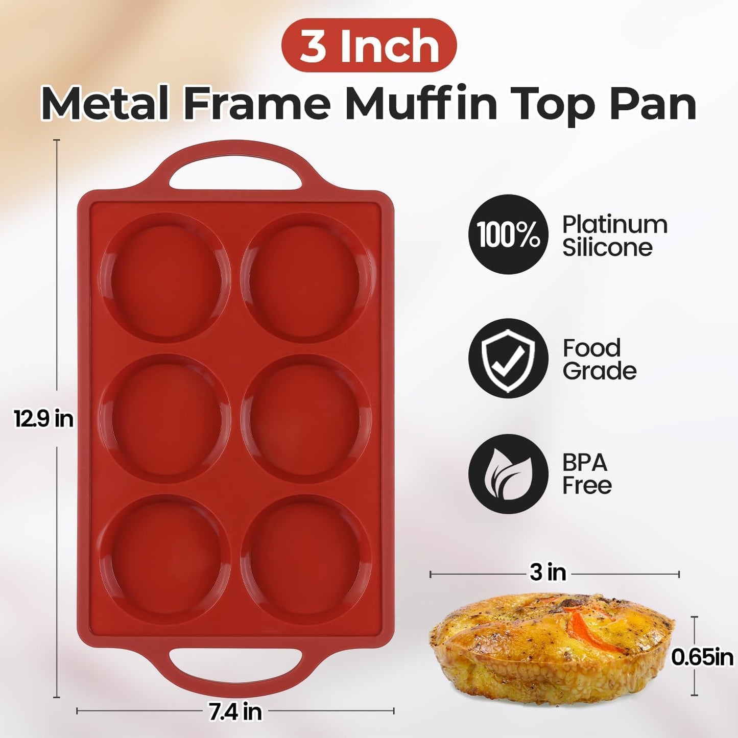 Muffin Top Pan, Metal Reinforced Frame 3 Inch Silicone Egg Molds for Breakfast Sandwiches Non Stick Round Silicone Egg Pan for Baking English Muffins, Whoopie Pies, Corn Bread, Tarts 2 Pack Brown