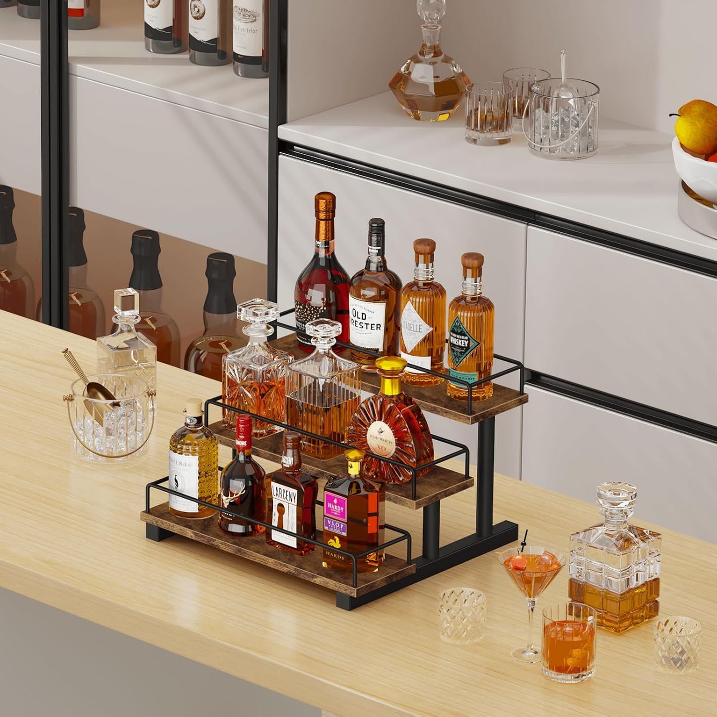 Homode Liquor Bottle Display Shelf, Coffee Syrup Rack Organizer, 3 Tier Wine Rack Countertop, Home Retro Bar Shelf Stand Holder for Liquor Whiskey Spirits, Mini Bar, Liquor Cabinet, Rustic Brown