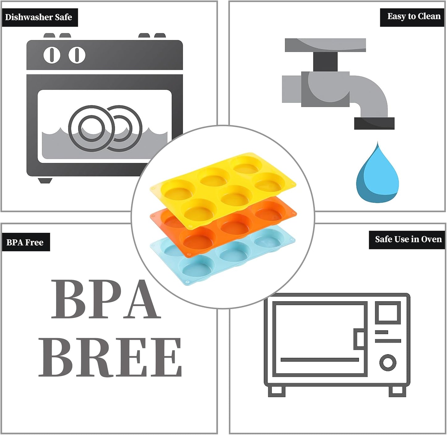 Muffin Top Pan, Silicone Egg Mold for Breakfast Sandwiches, Non-Stick 3" Round Egg Molds for Muffin Top, Whoopie Pies, Corn Bread, Tarts (Set of 3)