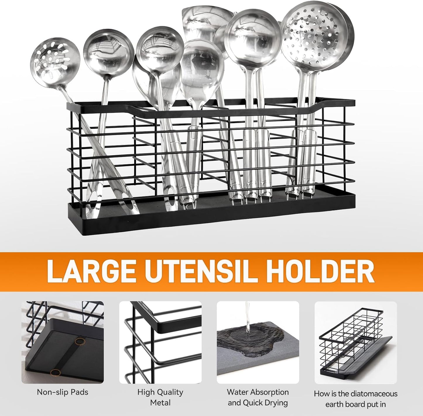 Large Utensil Holder for Kitchen Countertop,Cookware Organizer Dryer with Diatomaceous Earth Base,Cooking Tools Storage for Kitchen Counter,Metal Matte Black(4 Compartments)