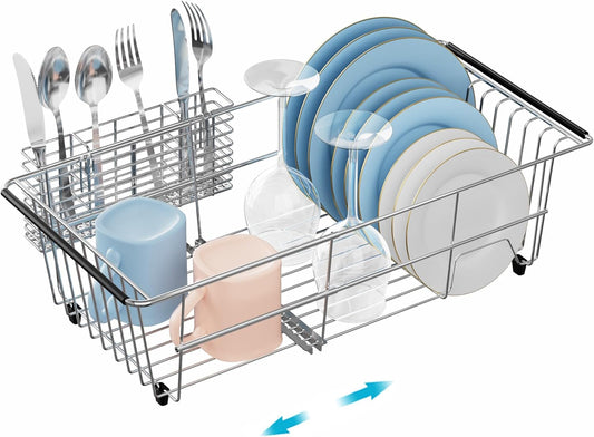 iPEGTOP Capacity Expandable Over Sink Dish Drying Rack, Multifunctional Adjustable (14"-18.5") Rustproof Stainless Steel Dish Drainer Organizer Shelf with Utensil Holder for Kitchen Counter Sink