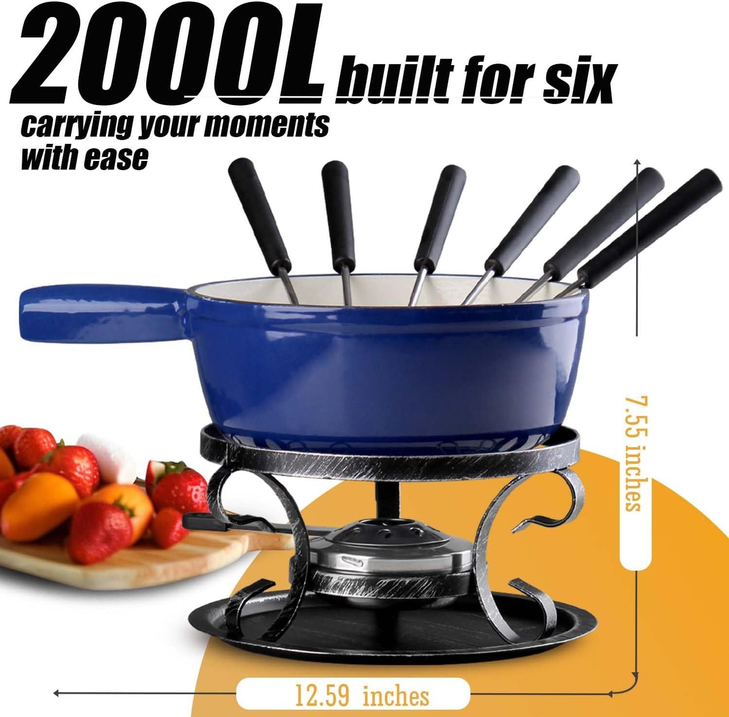 Artestia Swiss Fondue Set – Cast Iron Traditional 2L Cheese & Chocolate Fondue Pot for 4-6 People – Ideal for Melting Cheese, Chocolates, Caramel, & More, Blue