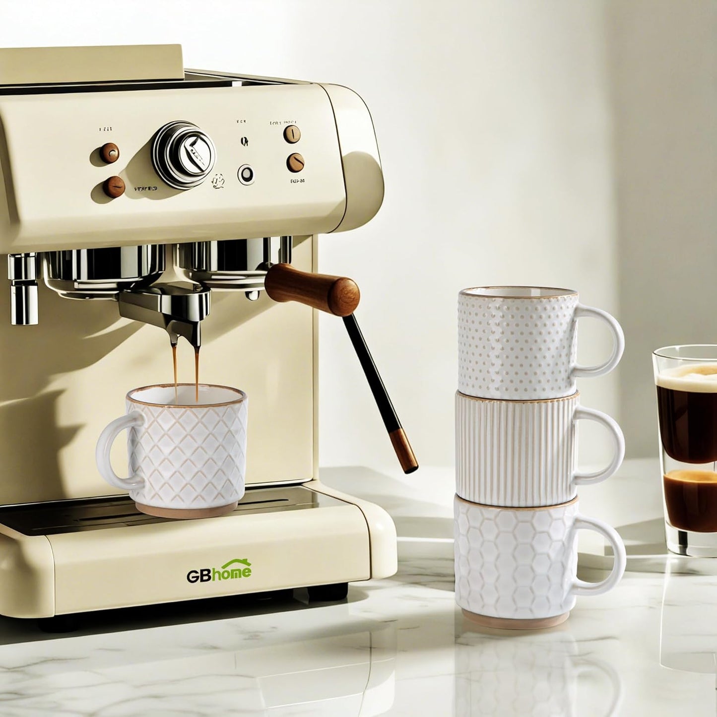 GBHOME 6OZ Stackable Coffee Mugs, Ceramic Coffee Mugs with Texture Patterns for Man,Woman,Dad,Mom, Modern Coffee Cups Set of 4 for Espresso/Cappuccino. Dishwasher&Microwave Safe