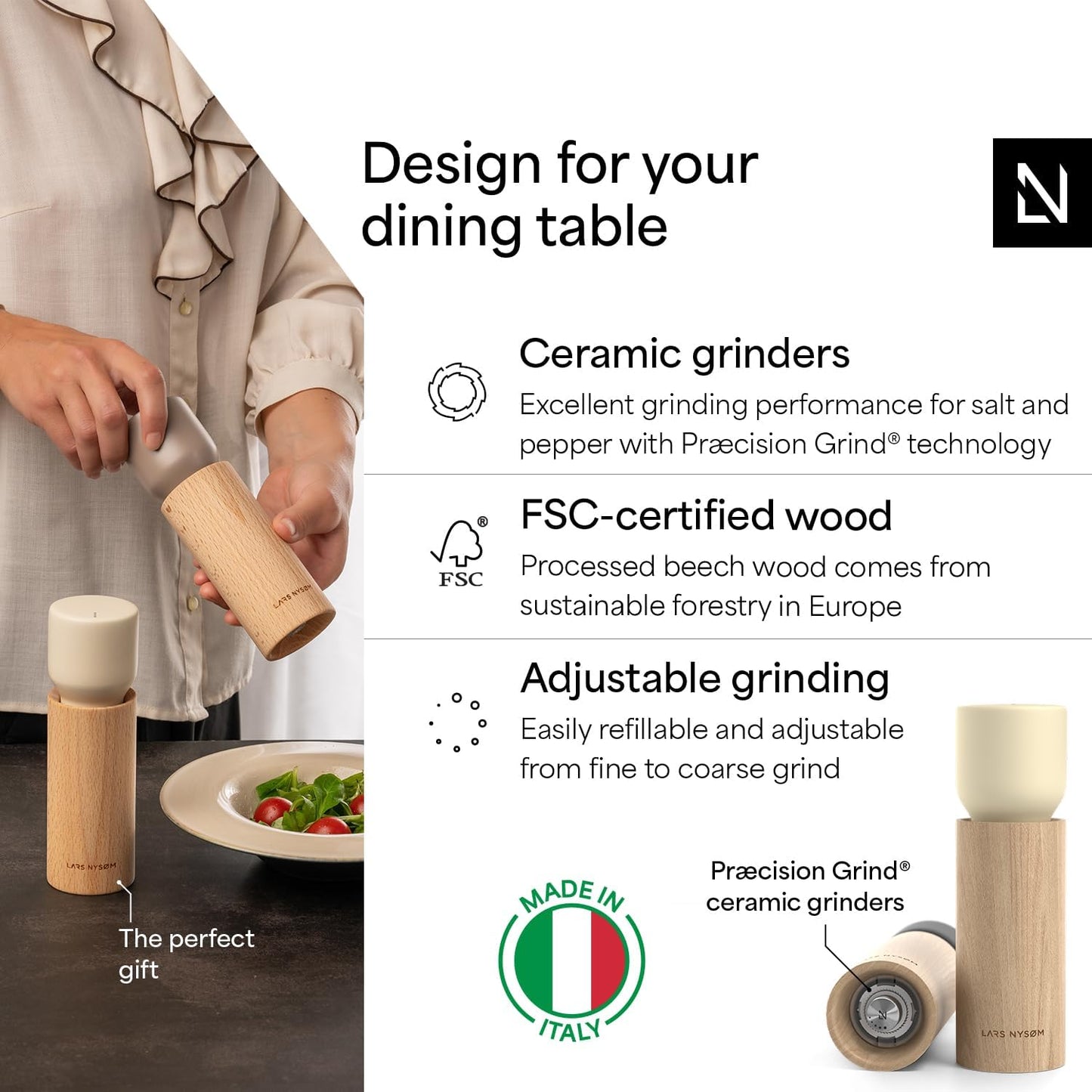 LARS NYSØM Wooden Salt and Pepper Grinder Set Manual - Salt and Pepper Mills with Adjustable Ceramic Grinder - Elegant Beechwood Pepper and Salt Mill Set for Dining Table (Black/Beige)