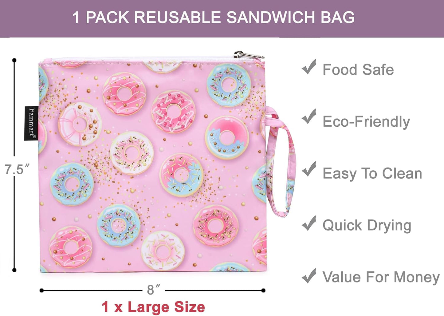 Reusable Sandwich Bag/Snack Bag for Kids & Adults, Dual Layer Lunch Bag with Handle, Washable, Food Safe, BPA Free (1-Pack, Colorful Donut)