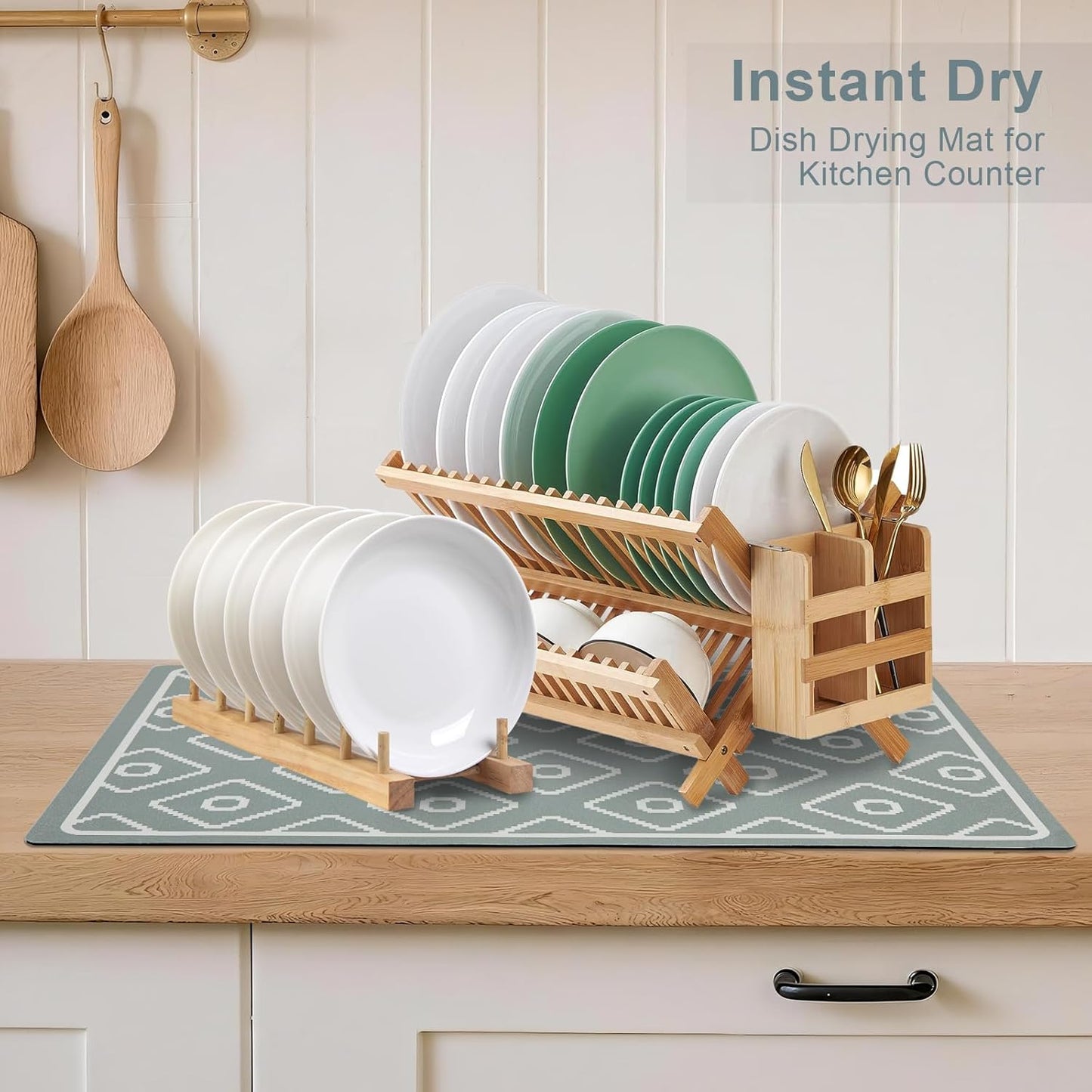 SUEH DESIGN Dish Drying Mat, Absorbent Coffee Mat 19.6 x 11.8 in Quick Dry Kitchen Drying Dish Drain Mat for Kitchen Counter Coffee Bar, Green