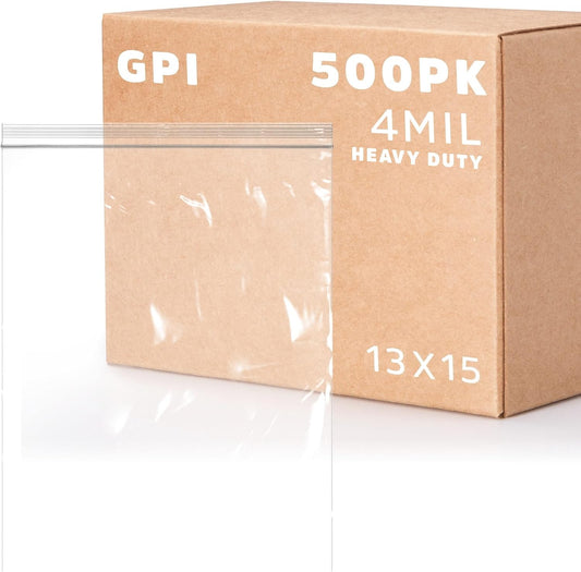 GPI - 13" X 15" - Bulk Pack of 500, 4 Mil Thick, Heavy Duty, Clear Plastic Reclosable Freezer Zip Bags, Strong & Durable Poly Baggies with Resealable Zipper Top Lock.