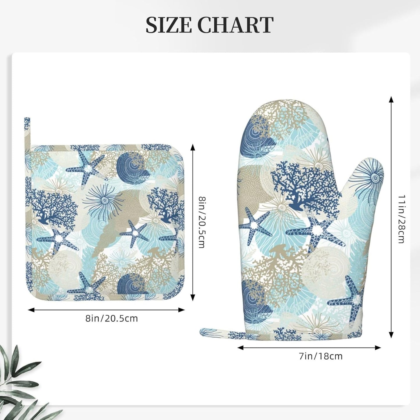 Nautical Coastal Oven Mitts and Pot Holders Set of 4 Silicone Starfish Seashell Coral Algae Beach Themed Blue Kitchen Mitten Gloves Potholders Set Oven Gloves Hot Holders for BBQ