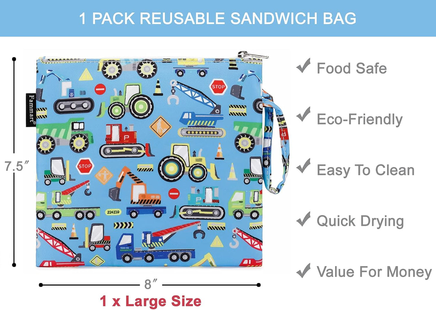 Reusable Sandwich Bag/Snack Bag for Kids & Adults, Dual Layer Lunch Bag with Handle, Washable, Food Safe, BPA Free (1-Pack, Car)