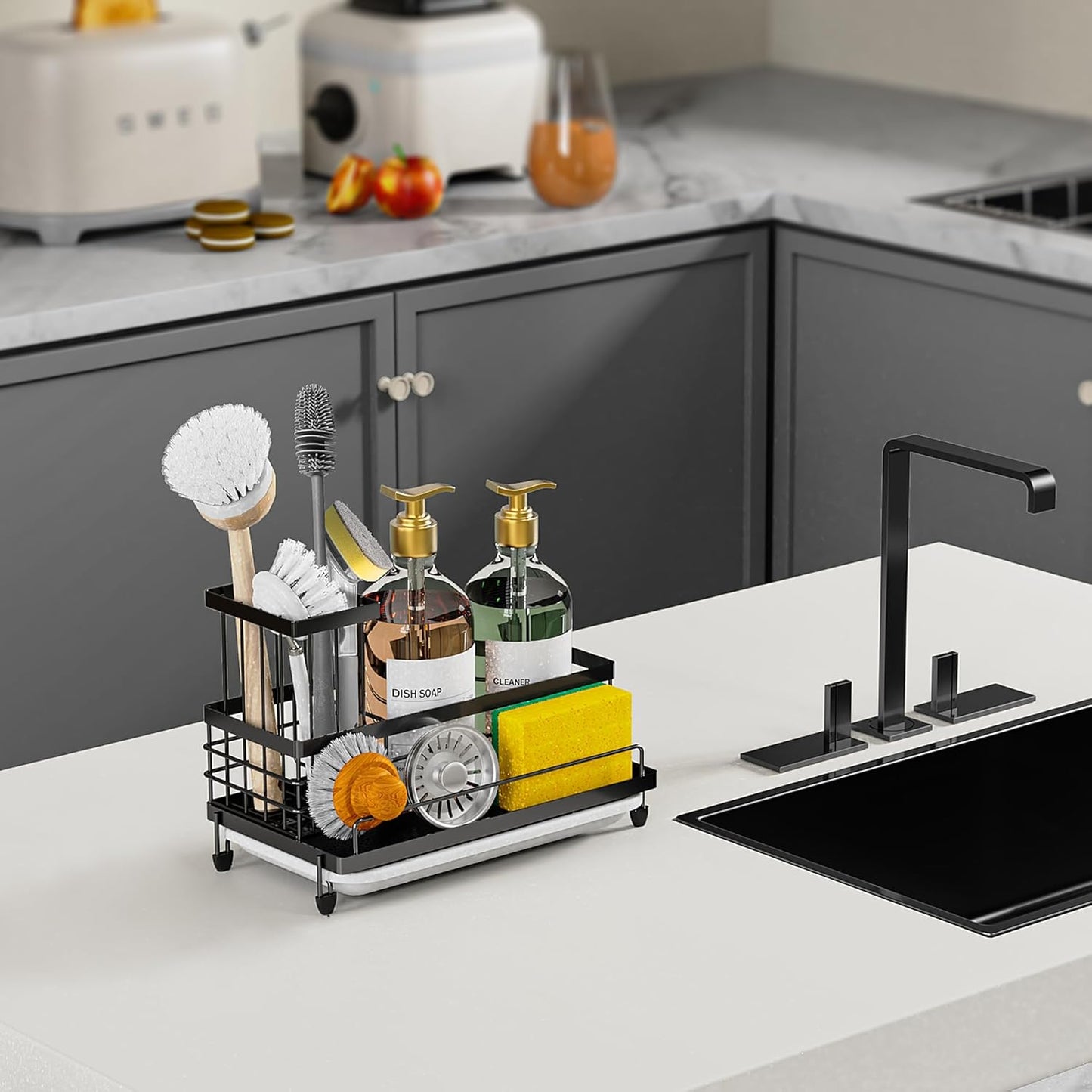 Cisily Large Capacity Kitchen Sink Caddy Organizer, Rustproof Non-Slip Sponge Holder With Dish Brush Holder Organizer, Kitchen Organization and Storage, Essentials Accessories for Countertop