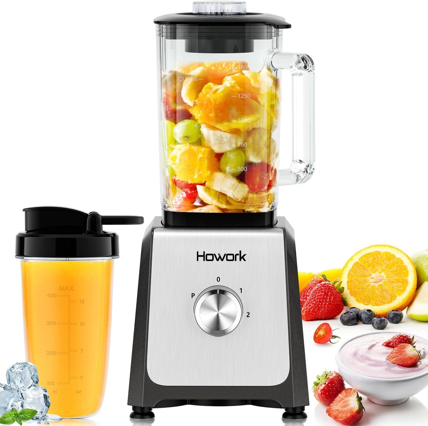 HOWORK Blender for Smoothies, 750W Personal Blender, 56 Oz Glass Jar, 16oz Portable Cups,2+P speed, 3 Functions for Smoothies, Frozen Drinks & Ice Cream,Grey