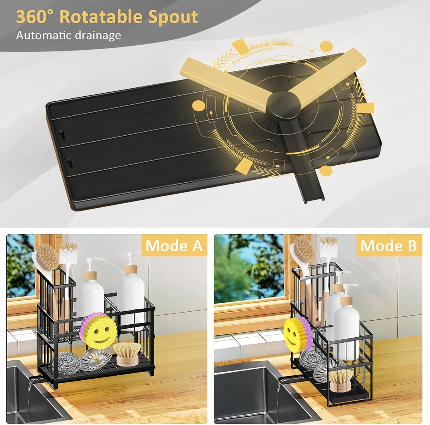 Sponge Holder for Kitchen Sink & Sink Caddy - 2-Tier Stainless Steel Organizer with Automatic Drainage, Rustproof Storage for Dish Brush, Soap Dispenser & Countertop Essentials