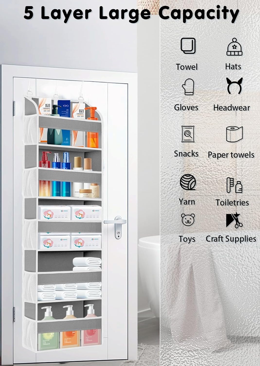 1 Pack Over The Door Storage Organizer with 5 Pockets 10 Mesh Side Pockets, 44 lbs Weight Capacity Door Hanging Organizers and Storage for Bedroom,Bathroom,Nursery,Pantry,Dorm(Light Gray)