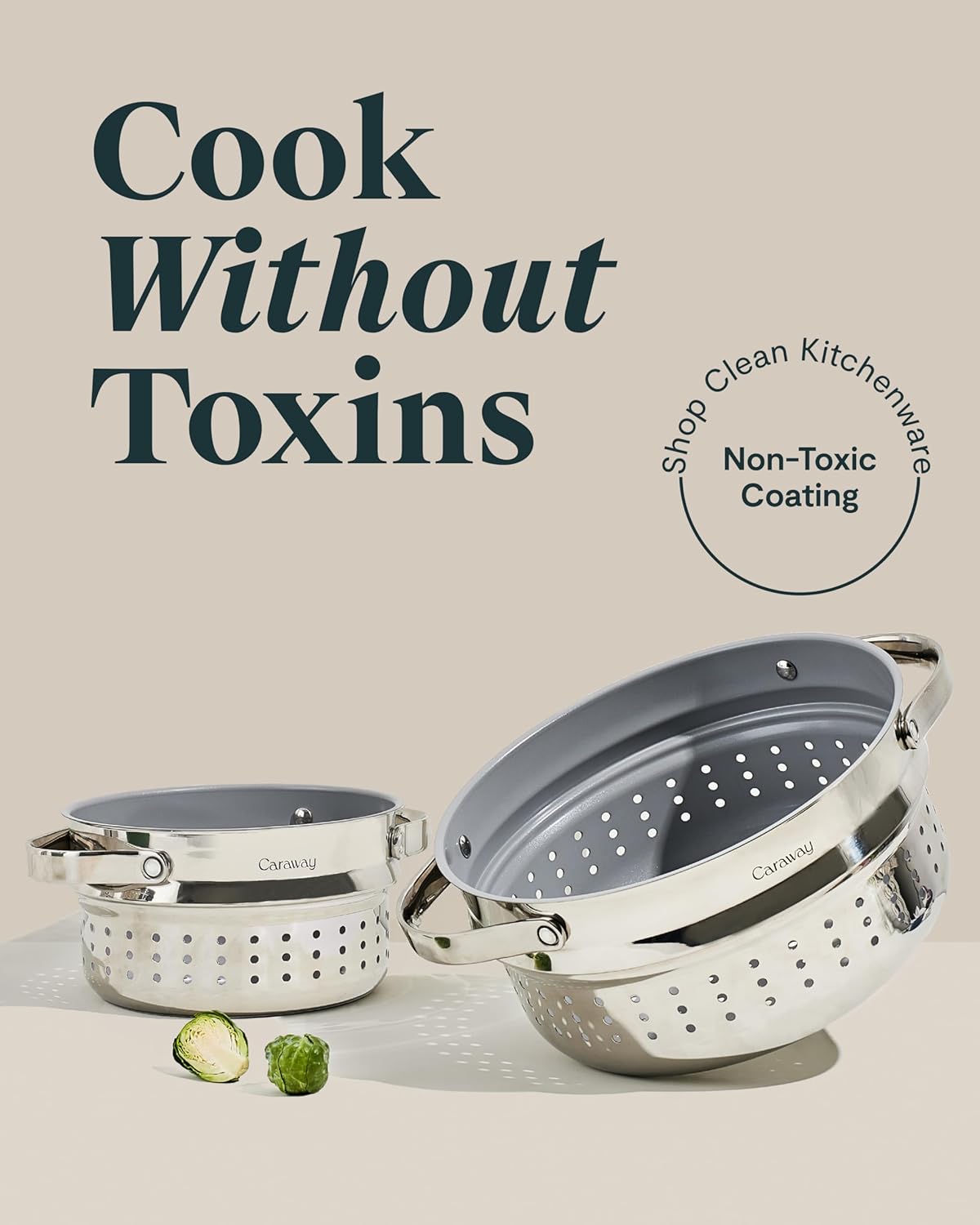 Caraway Steamer Duo - Stainless Steel Steamer with Handles - Non Stick, Non Toxic Coating - Steam Veggies, Seafood, and More - Compatible With Our Dutch Oven or Sauce Pan