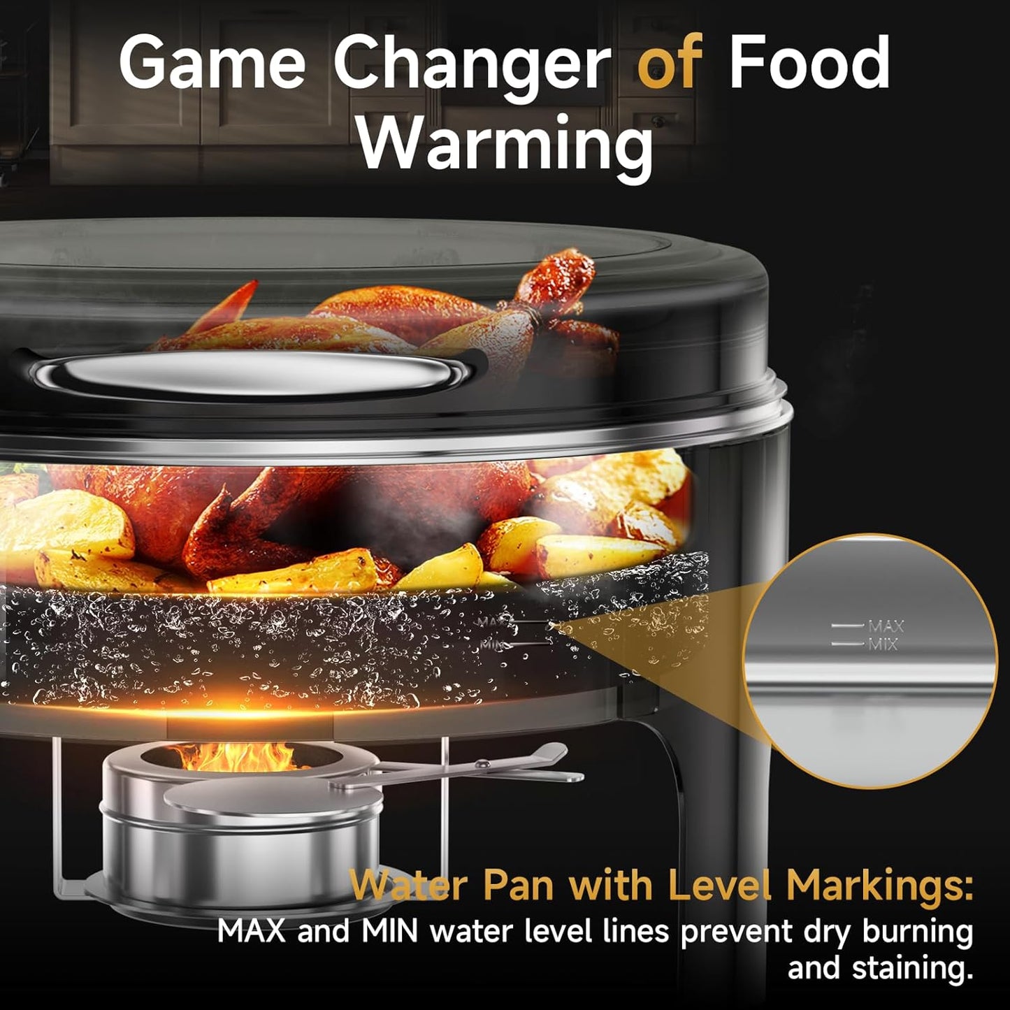 Chafing Dishes for Buffet, 6QT Round Stainless Steel Chafing Dish with Transparent Hydraulic Lid, 304 Food Pan, Buffet Warmer for Parties and Events (Black)