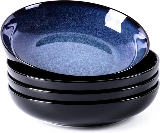 LERATIO Pasta Bowls,Ceramic 38oz Pasta Bowls,9.0" Reactive Glaze Pasta Bowl Set of 4,Microwave & Dishwasher,Oven Safe,Large Wide Serving Bowls for Salad, Dessert,Pizza,Fruit -Blue