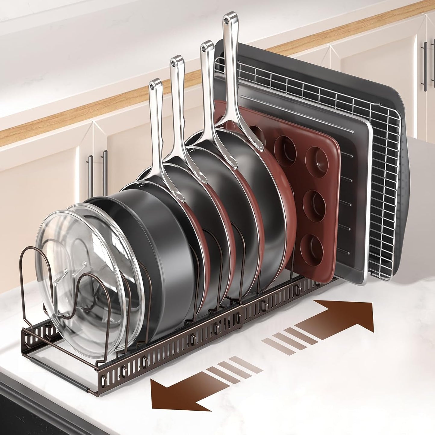 ORDORA Pots and Pans Organizer under Cabinet with Pan Holder: Expandable 11.8"-22.8" Kitchen Cabinet Organizer Rack, 12 Adjustable Dividers Storage for Cookie Sheets, Cutting Boards & Lid, Bronze