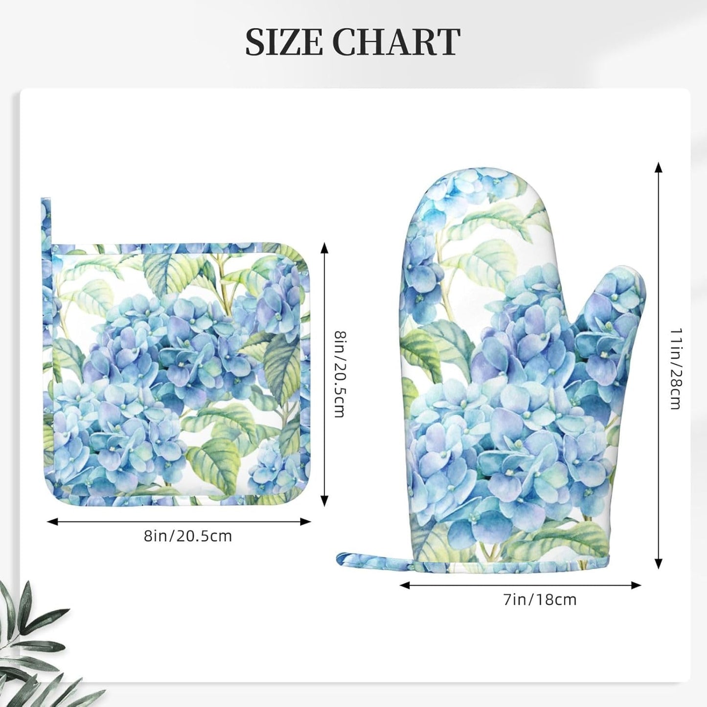 Blue Hydrangea Flowers Watercolor Oven Mitts Pot Holders Set Silicone Kitchen Oven Mitts Heat Resistant Potholders Non-Slip 4pcs Hot Pads and Oven Gloves Sets for Baking,Cooking,BBQ,Grilling