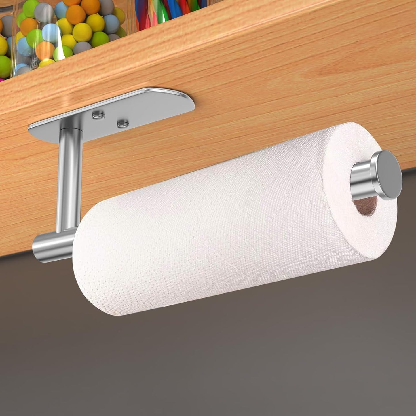 VAEHOLD Adhesive Paper Towel Holder Under Cabinet Mount, Wall Mounted Paper Towel Roll Holder for Kitchen Paper Towel, Stainless Steel（Silvery）