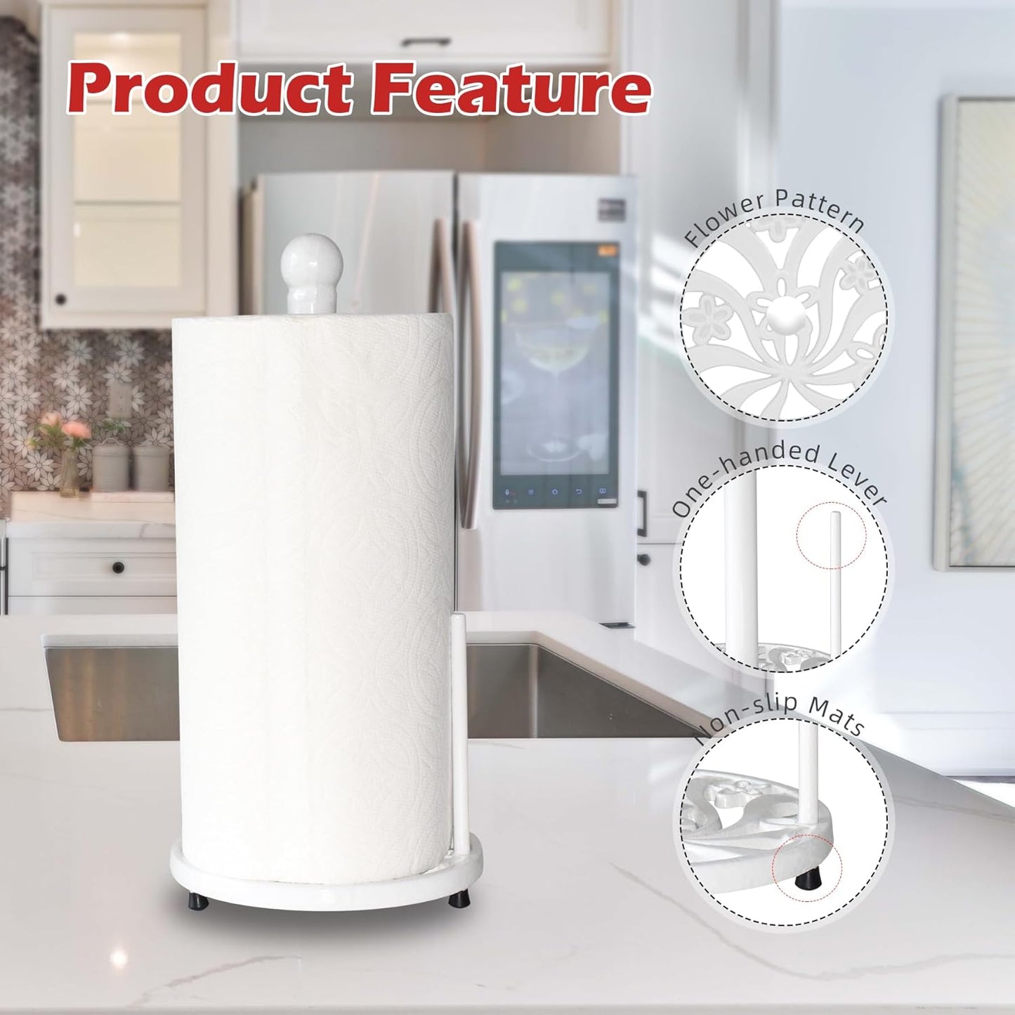 Vintage Paper Towel Holder Countertop - Cast Iron Standing Roll Paper Towel Dispenser with Elegant and Heavy Daffodil Pattern Base for Kitchen Décor, White