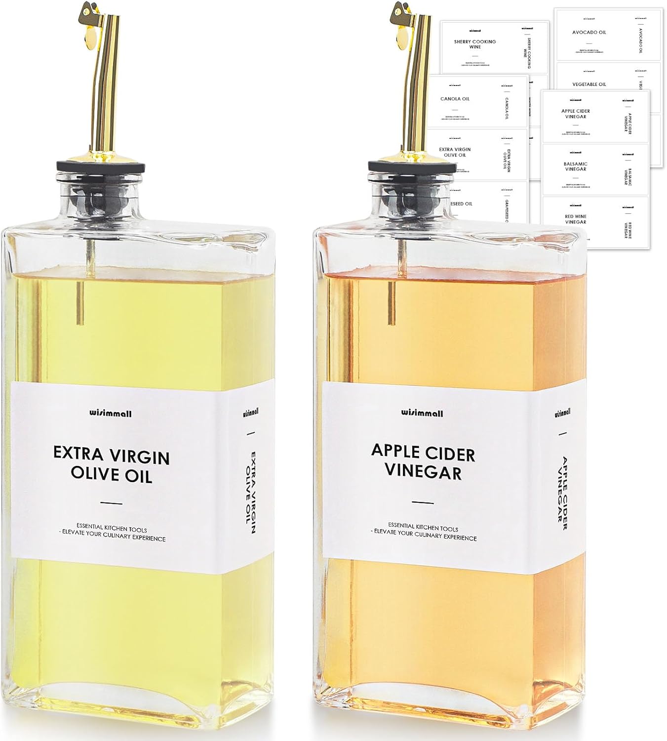 Olive Oil Dispenser For Kitchen, Glass Oil Bottle 500ML Oil And Vinegar Dispenser Set Of 2, Cooking Oil Dispenser With 2 Stainless Steel Pourers & 44 Labels, Soy Sauce Dispenser, Coffee Syrup Bottles