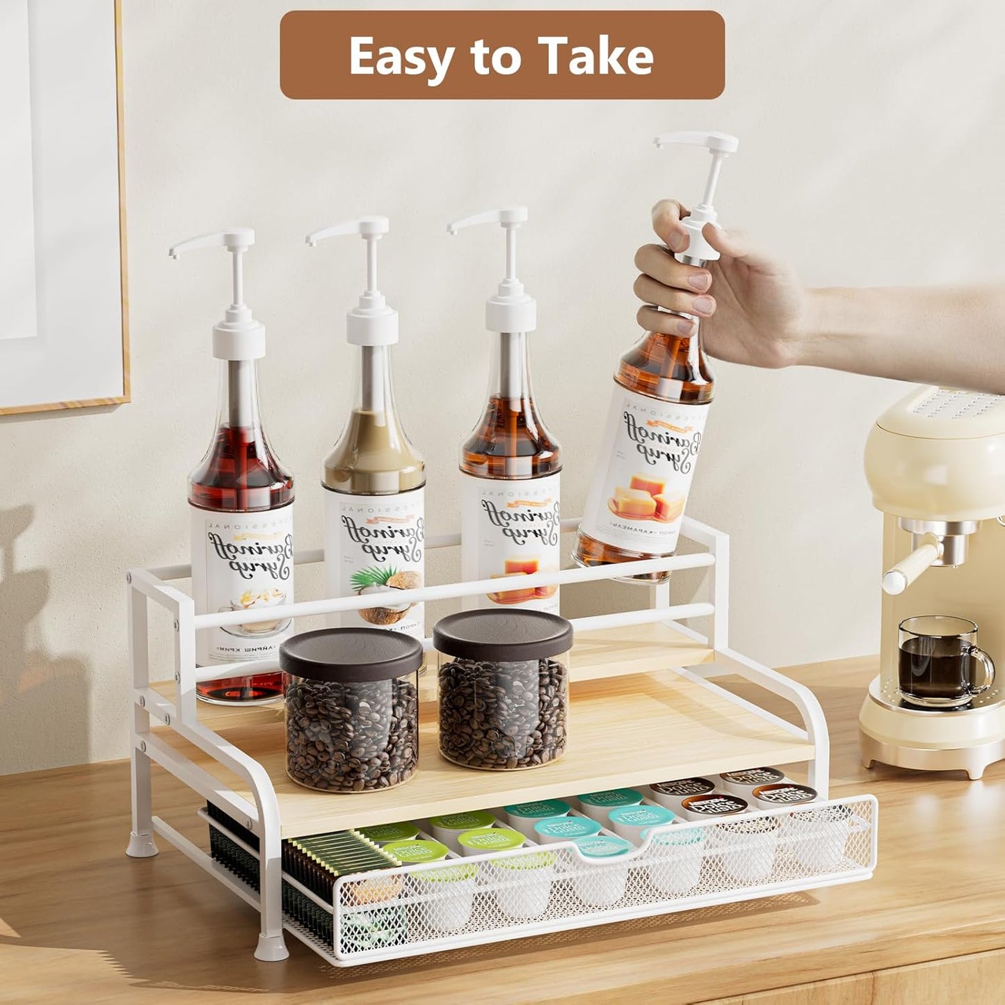 Coffee Syrup Rack Organizer, 3-Tier 8 Bottles Syrup Rack with 35 K Cup Storage Basket for Coffee Bar, Countertop Bottle Holder Stand for Wine, Dressing for Kitchen Cafe Station- White