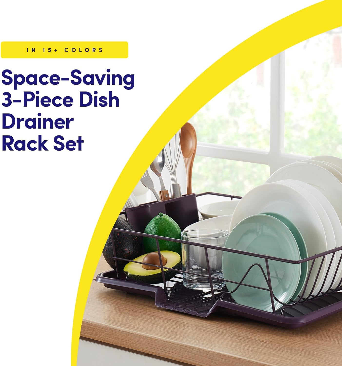 Space-Saving 3-Piece Dish Drainer Rack Set: Efficient Kitchen Organizer for Quick Drying and Storage - Includes Cutlery Holder and Drainboard - Maximize Countertop Space, Eggplant Purple