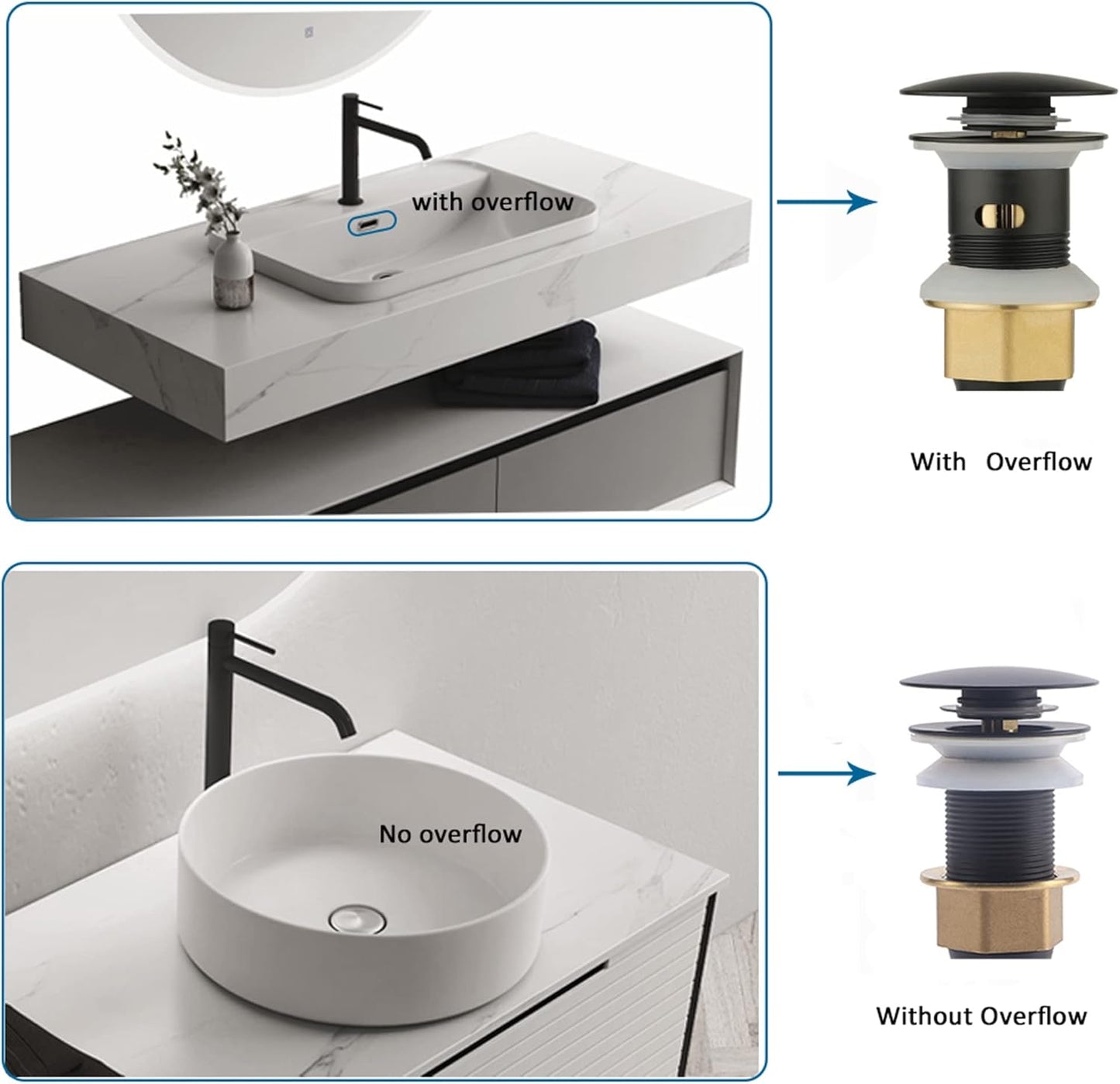 Bathroom Sink Drain,Drain Stopper Bathroom Sink Without Overflow,Pop Up Drain Assembly with Detachable Strainer Basket,Built-in Anti-Clogging Strainer,Stainless Steel Mattle Black