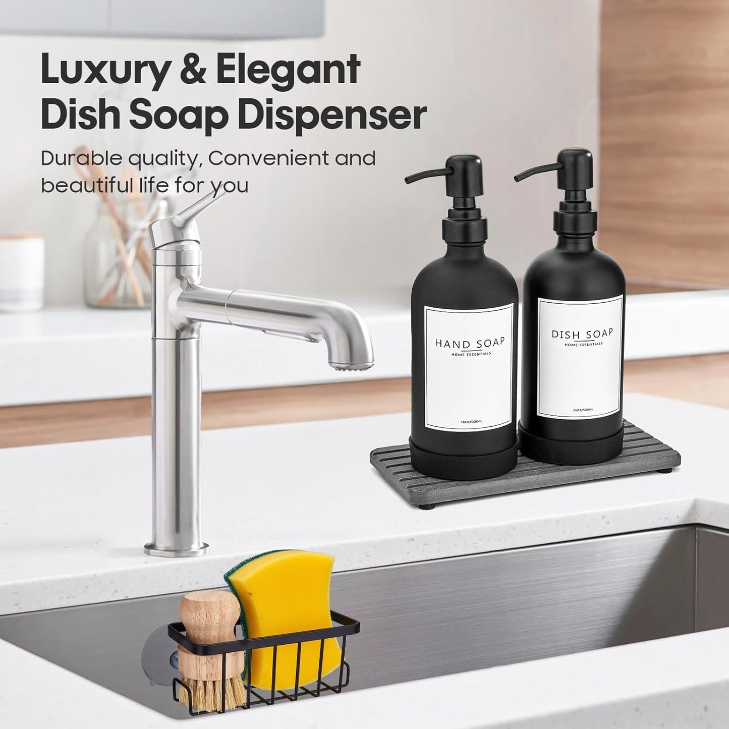 Kitchen Soap Dispenser Set with Instant Dry Tray & Sponge Holder,16 Oz Hand and Dish Soap Black Glass Dispenser Set,Stainless Steel Pump,Waterproof Labels,Luxury Soap Bottle for Bathroom