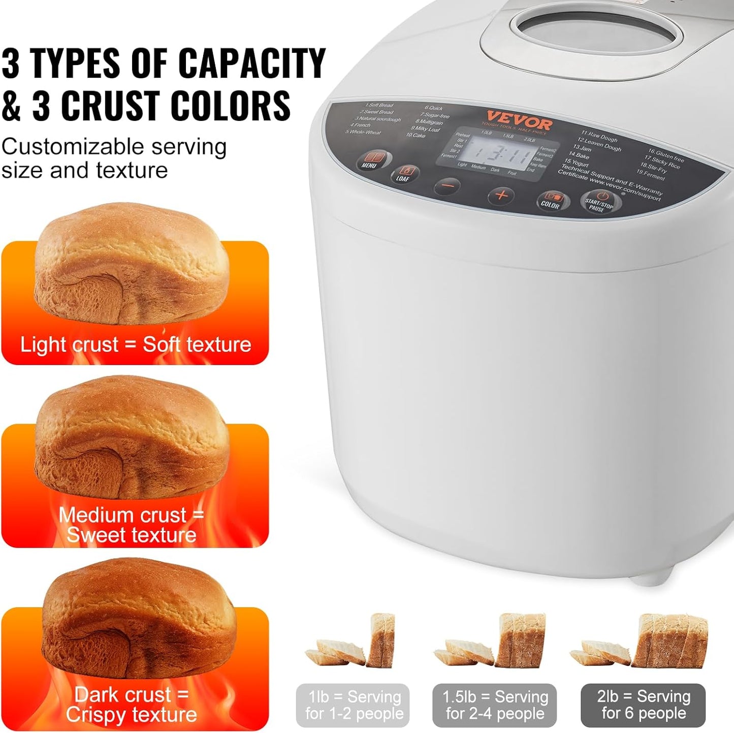 VEVOR Bread Maker, 19-in-1 2LB Dough Machine, Nonstick Ceramic Pan Automatic Breadmaker with Gluten Free Setting, Whole Wheat Bread Making, Digital, Programmable, 3 Loaf Sizes, 3 Crust Colors, White