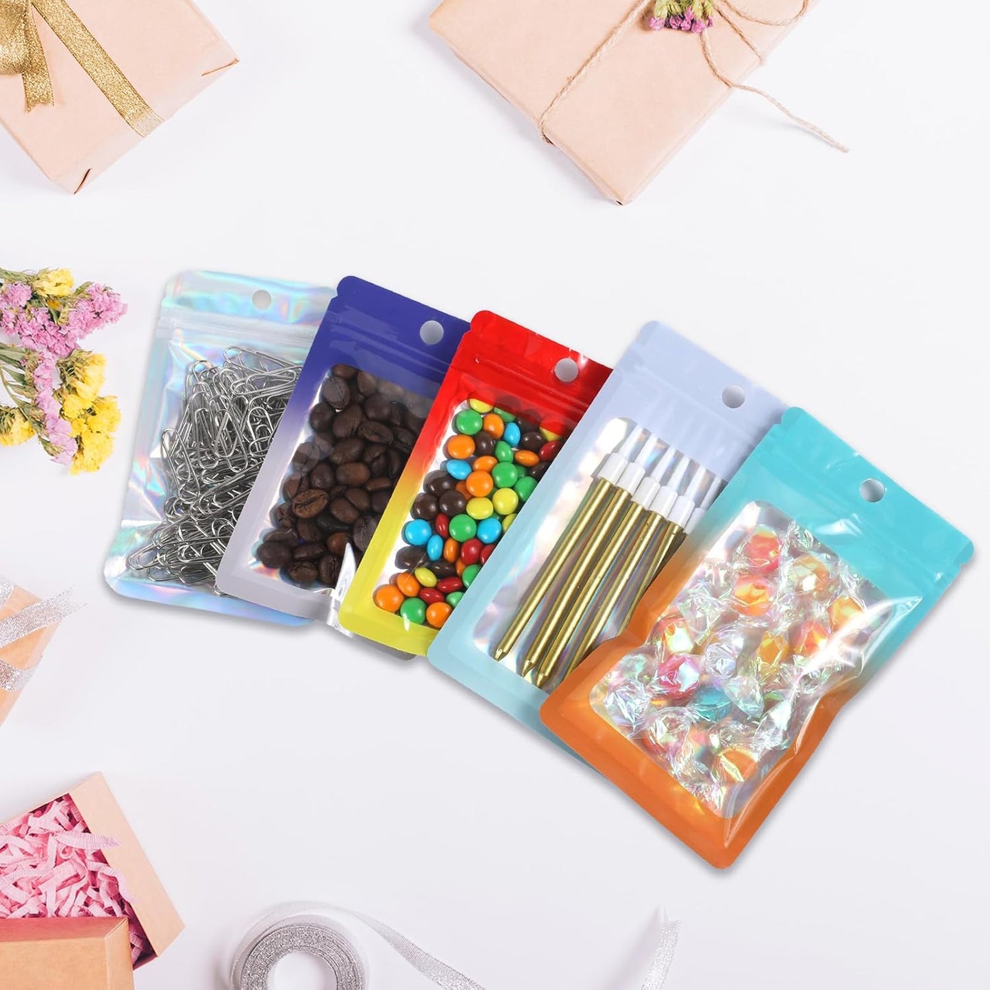 200 Pack Resealable Mylar Holographic Bags Food Storage Smell Proof Bags with Front Window Foil Packaging Pouch for Candy Sample Jewelry Small Business 4.72×7.87 Inch, Pink Fade Blue