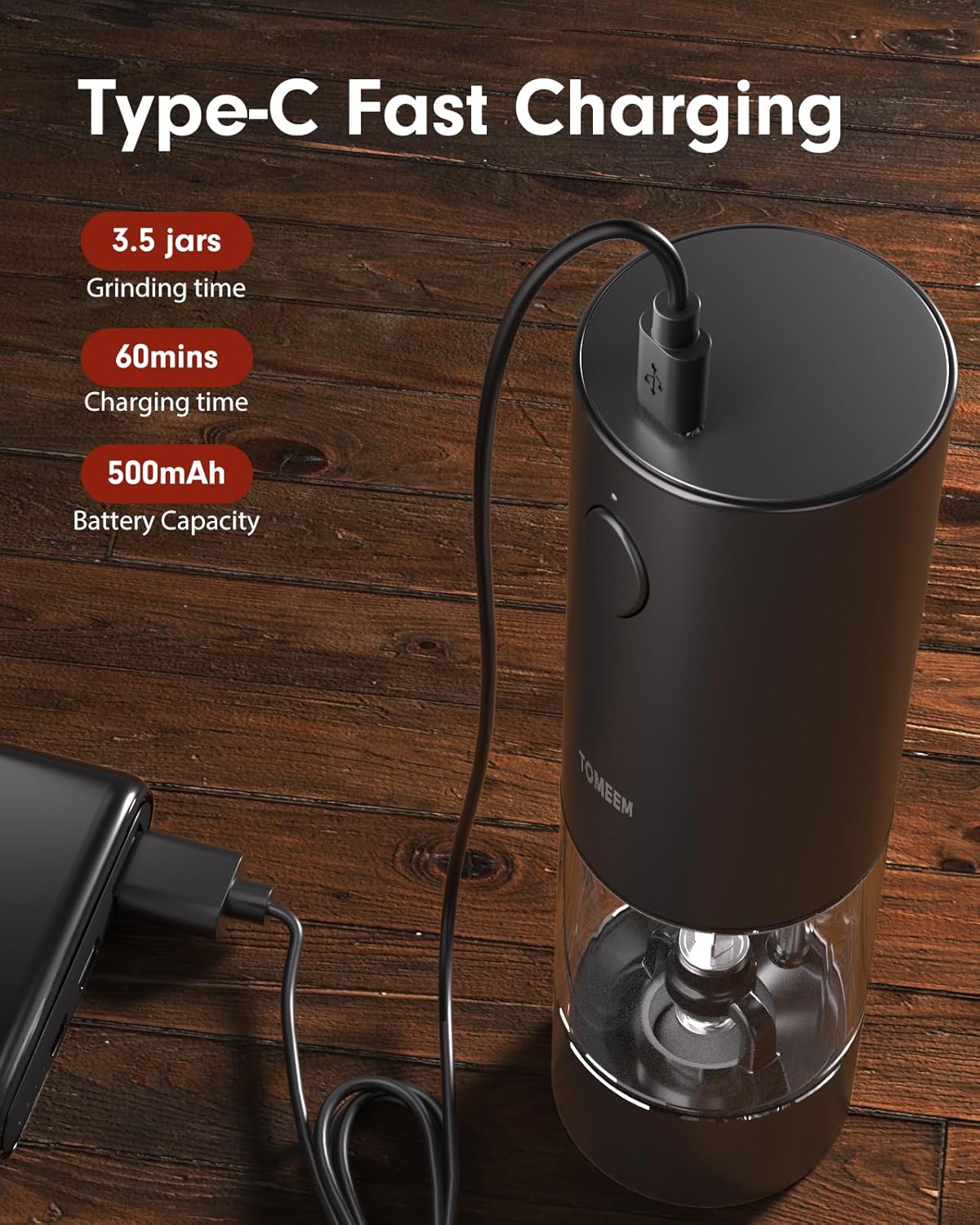 TOMEEM Upgraded Larger Capacity Electric Salt and Pepper Grinder Set Rechargeable with LED lights, Stainless Steel Automatic Pepper and Salt Grinder Refillable with 5 Adjustable Coarseness Black