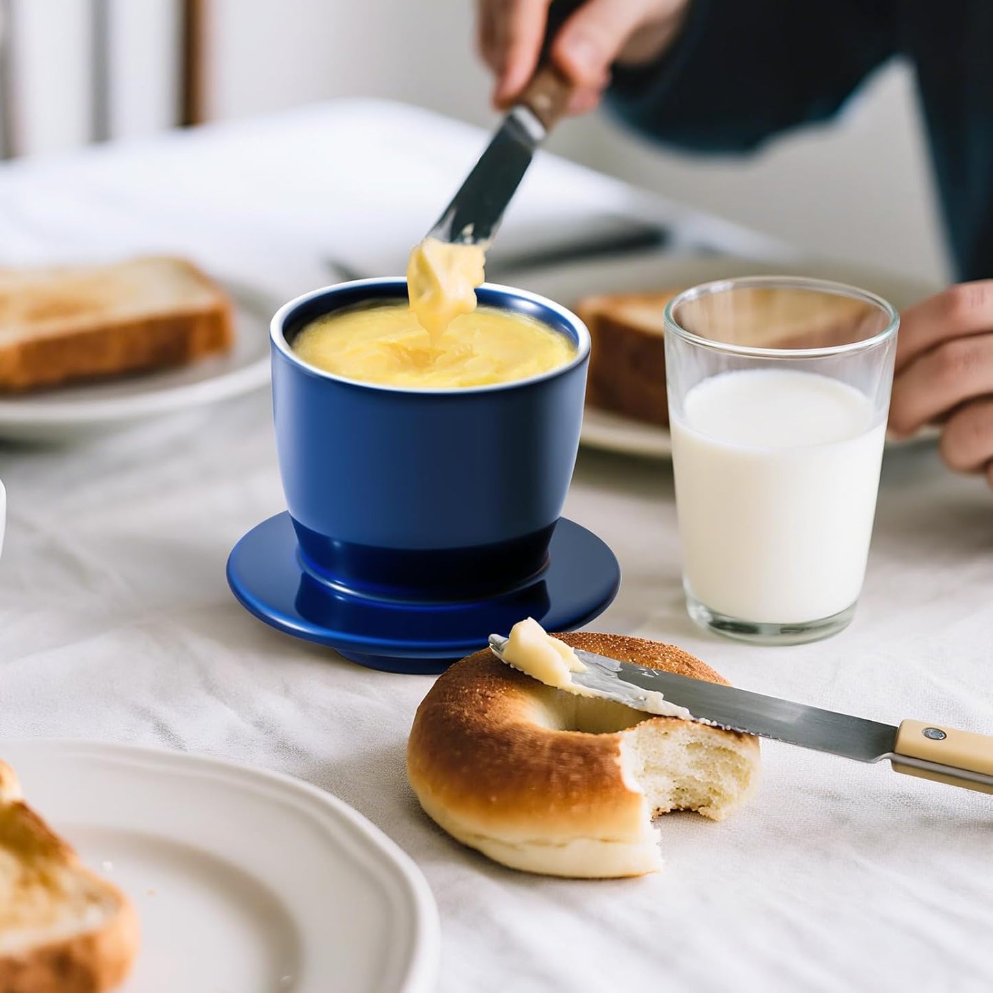 Large Butter Crock for Counter with Water Line, Butter Keeper, Ceramic French Butter Dish Holder for Fresh Spreadable Soft Butter (Blue, 8 Ounce)