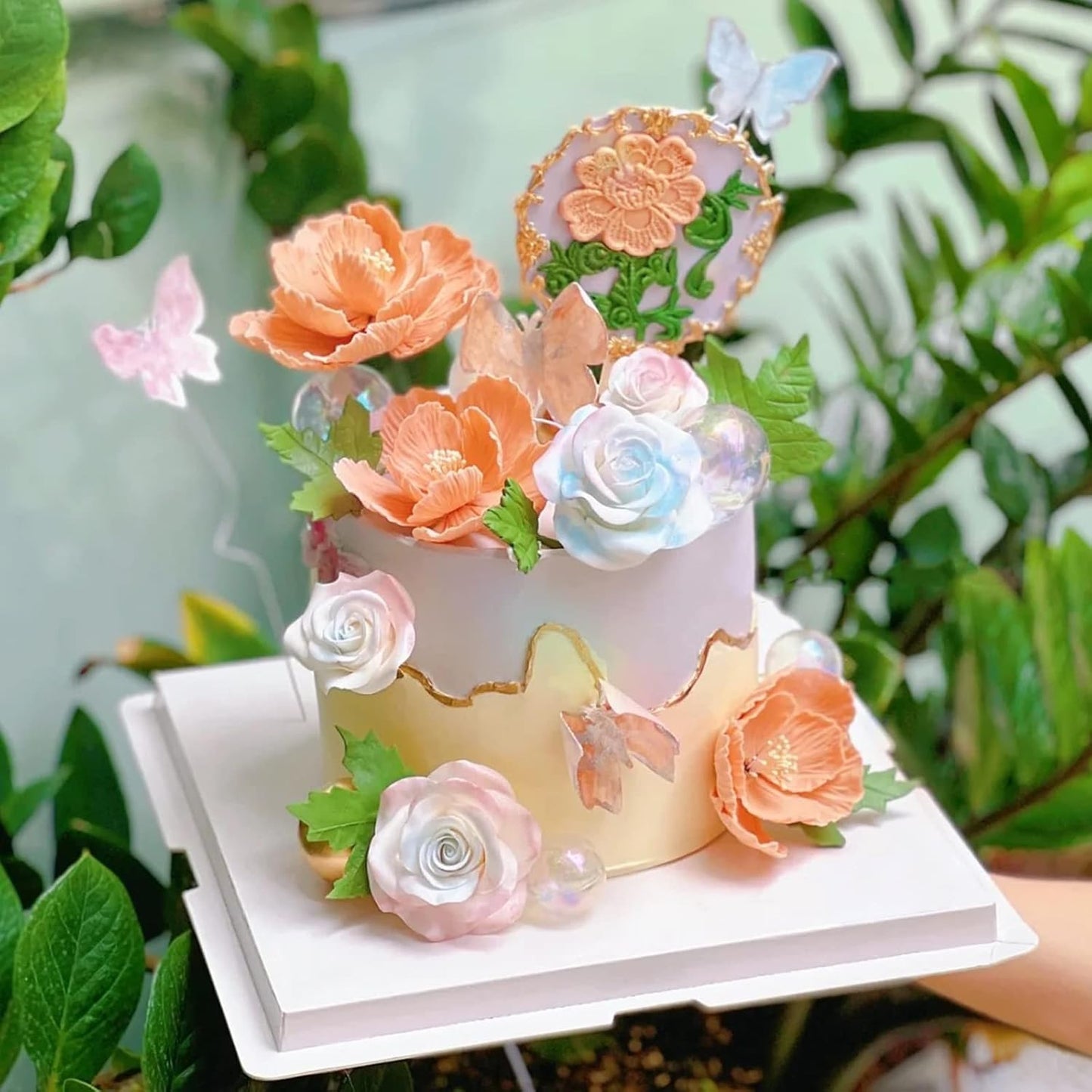 Lace Fondant Molds 4 Pcs, Peonies Embroidery Chocolate Cake Border Decorating Molds, Candy Sugar Craft Baking Tools, Cupcake Toppers Flower Paste Cookies Marzipan Mousse Butter Clay Epoxy