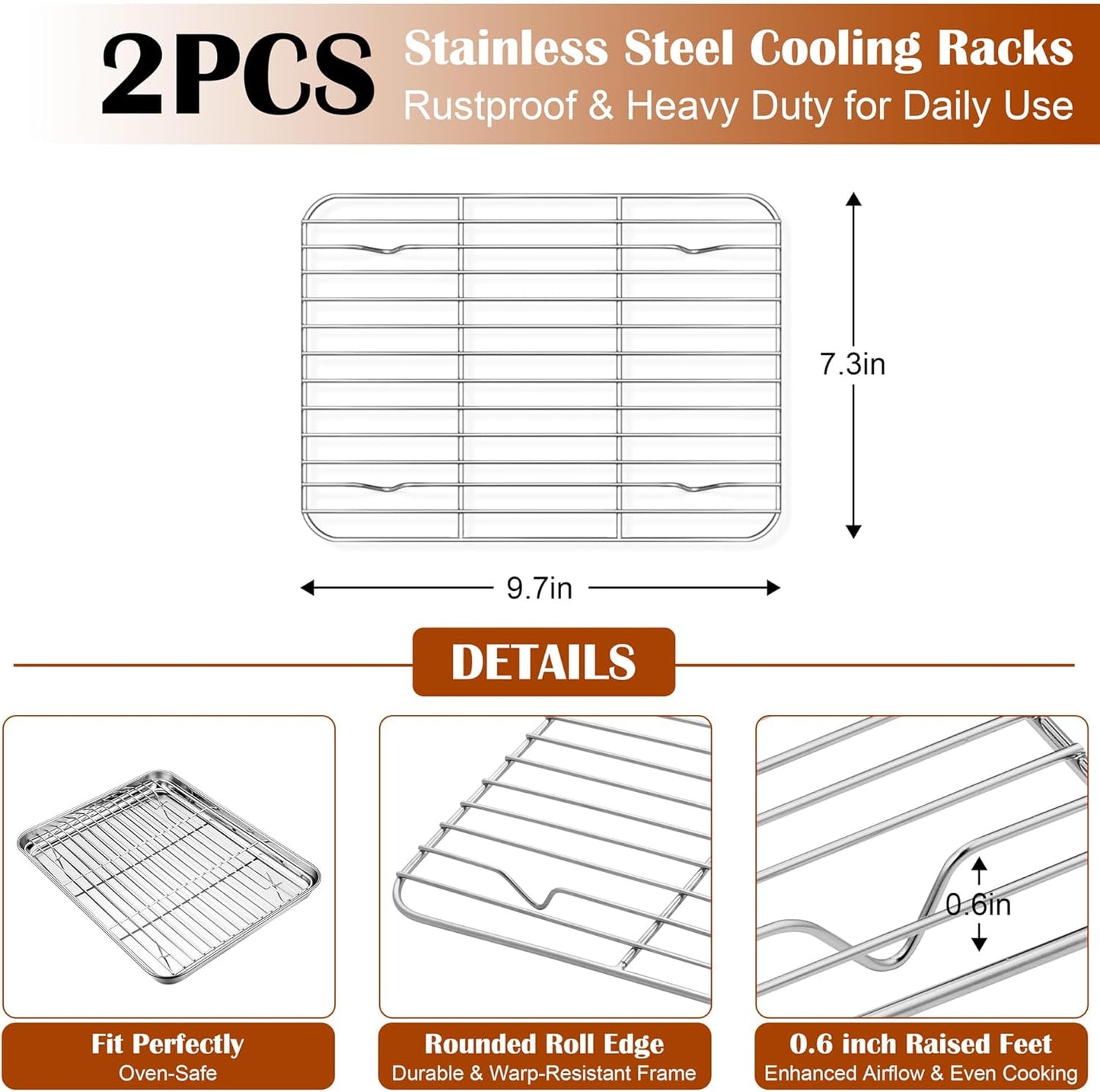 E-far Small Baking Sheet with Wire Rack (2 Pans + 2 Racks), Stainless Steel Cookie Sheets Trays & Cooling Rack for Toaster Oven, Non Toxic & Warp Resistant, Oven & Dishwasher Safe, 10.5 x 8.3 x 1 Inch