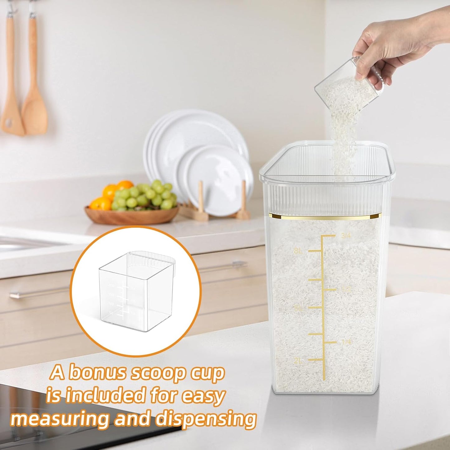 Rice Storage Container 15-20 Lbs, Tall & Narrow Food Storage Container with Measuring Scoop for Dry Goods Rice Flour Pet Food Bath Salt Storage, Clear Plastic Bin with Lid for Pantry Storage