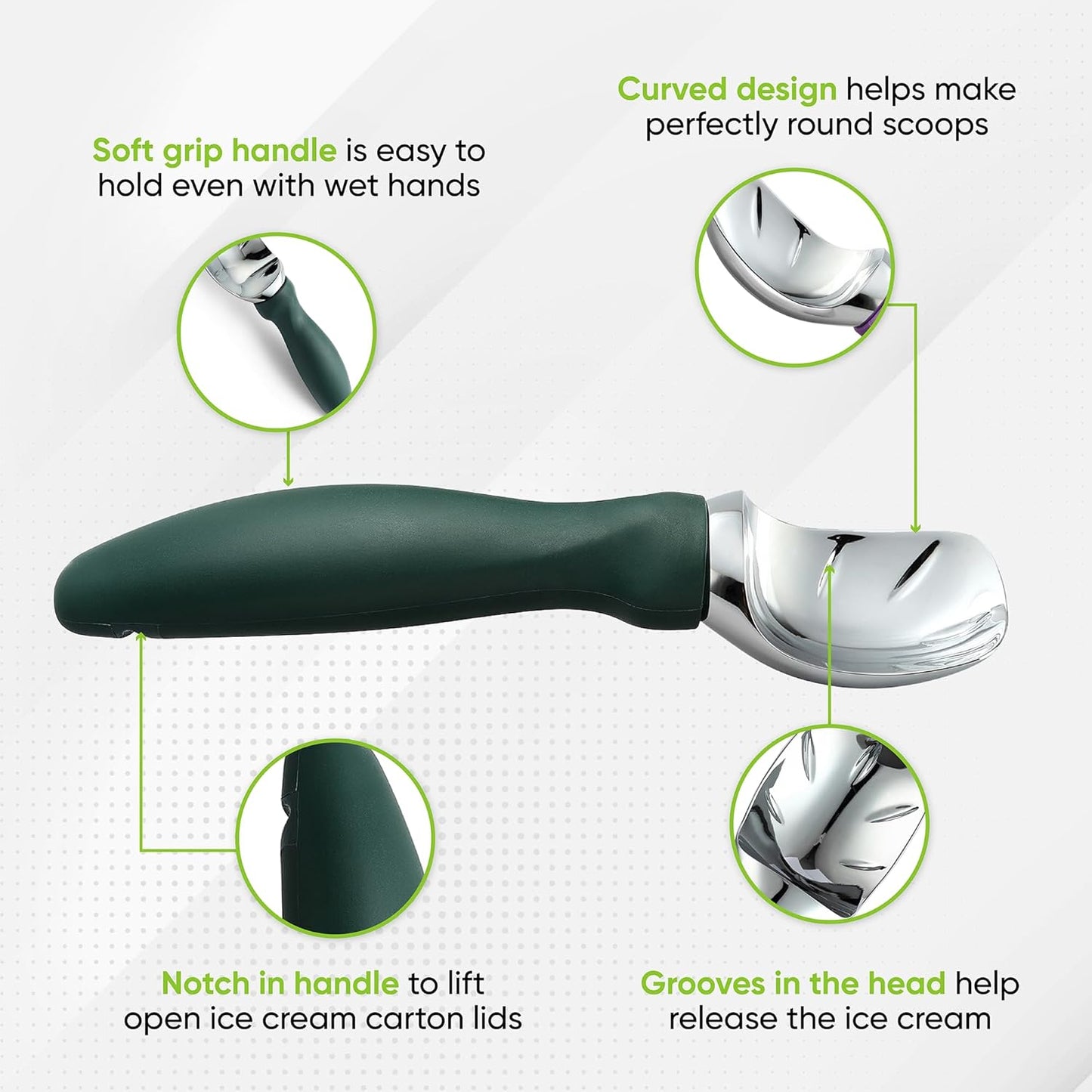 Spring Chef Professional Ice Cream Scoop with Soft Grip Handle - Heavy Duty Ice Cream Scooper for Cookie Dough, Frozen Yogurt, Gelato, Sorbet, Melon - Dishwasher Safe Kitchen Tool - Pine Green
