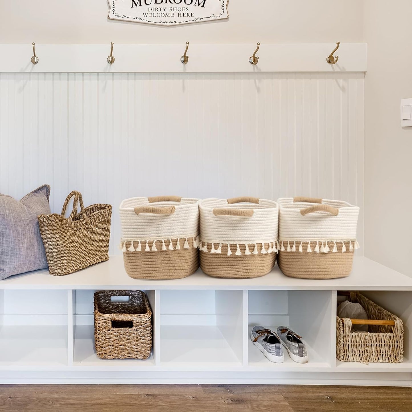 TeoKJ Woven Storage Bin Set of 3, Cotton Rope Basket for Storage, Clothes Boho Basket Bin for Organizing, Fabric Basket for Books, Plants, Pet Treats, White & Jute