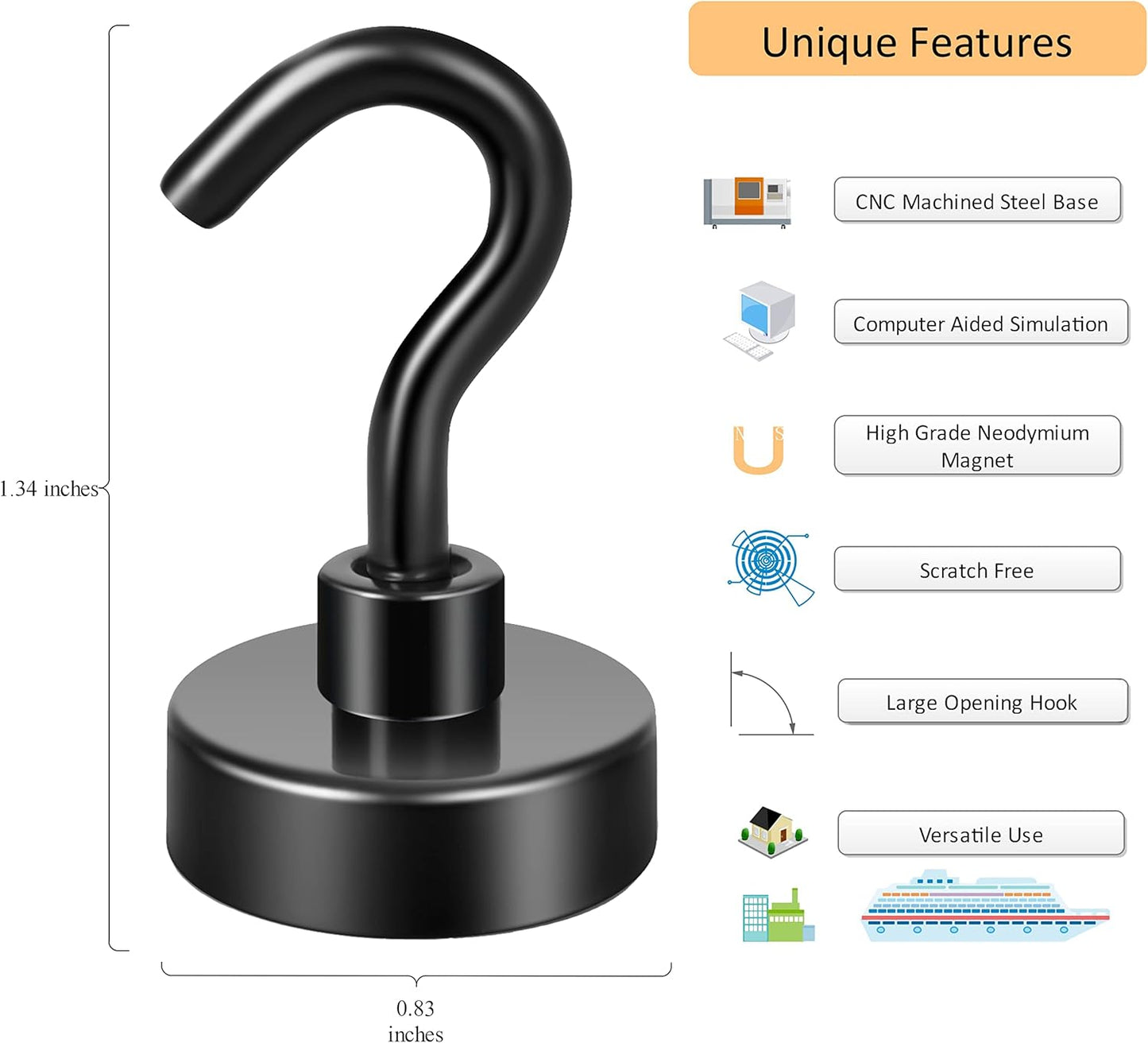 Neosmuk Black Magnetic Hooks, Heavy Duty Earth Magnets with Hook for Refrigerator, Extra Strong Cruise Hook for Hanging, Magnetic Hanger for Cabins, Grill (Black, Pack of 10)