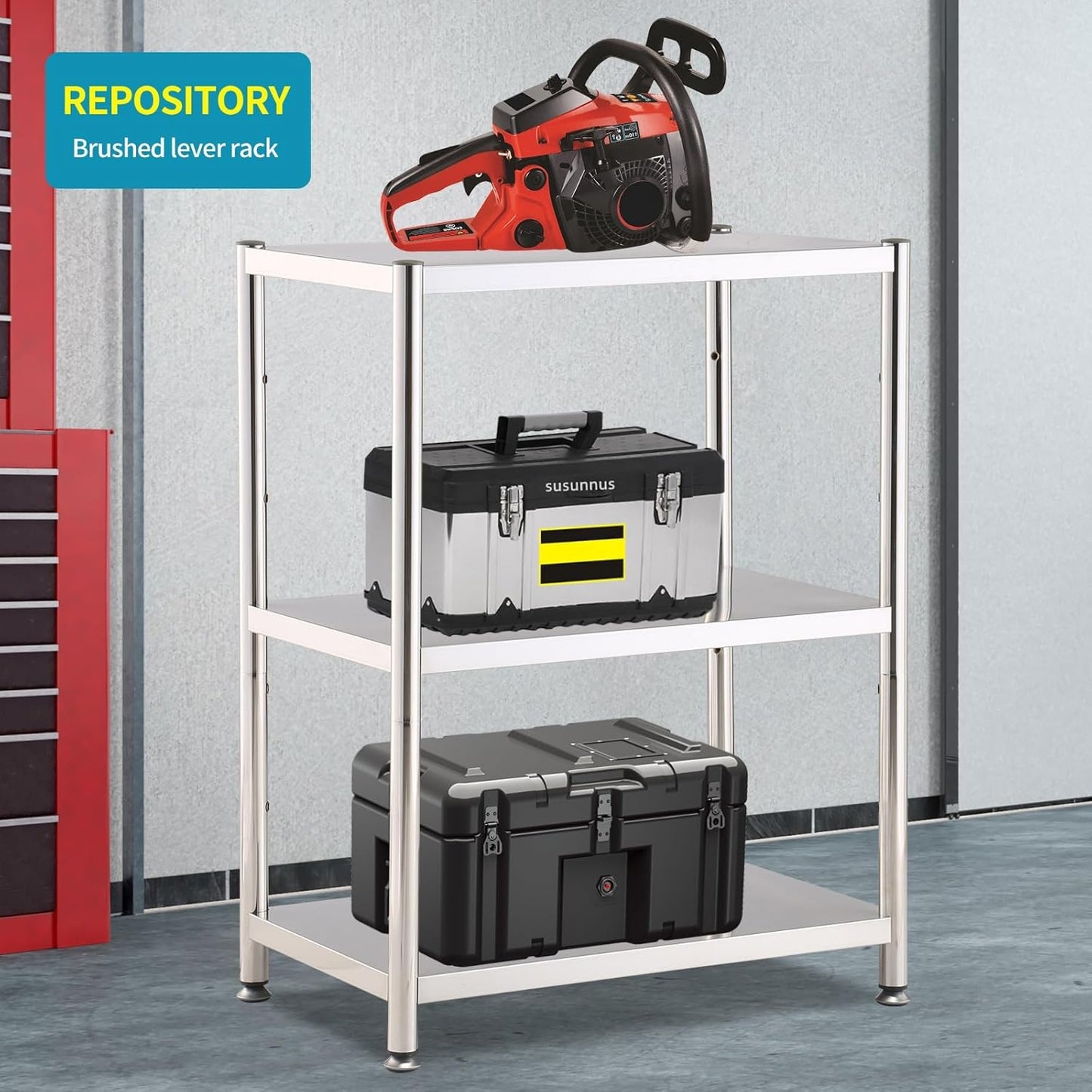 susunnus 3-Tier Stainless Steel Shelf, Heavy Duty Shelving for Kitchen, Garage, Industrial Storage, Kitchen Shelves Adjustable Feet, Easy to Clean(3T-24.8in*15.8in(Without guardrails))