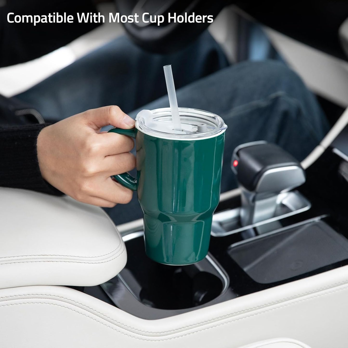 Sweejar Ceramic Travel Mug with Lid, 16 oz Portable Coffee Mug, Dishwasher Safe Tea Cup with Infuser, Reusable Teacup for Car Cup Holder, Tea Lovers(Jade)