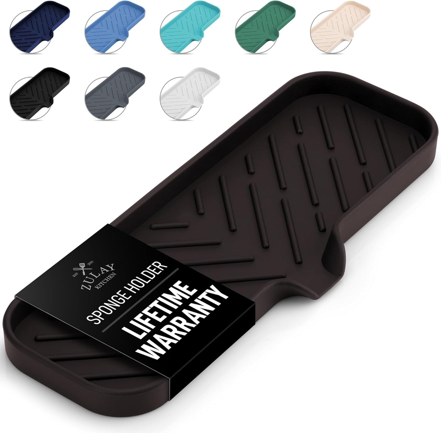 Zulay Kitchen Large Silicone Sponge Holder (12x4) – Flexible Sink Organizer Tray for Kitchen & Bathroom – Multipurpose Soap Dish for Sponges, Makeup, Trinkets & More (Chocolate)