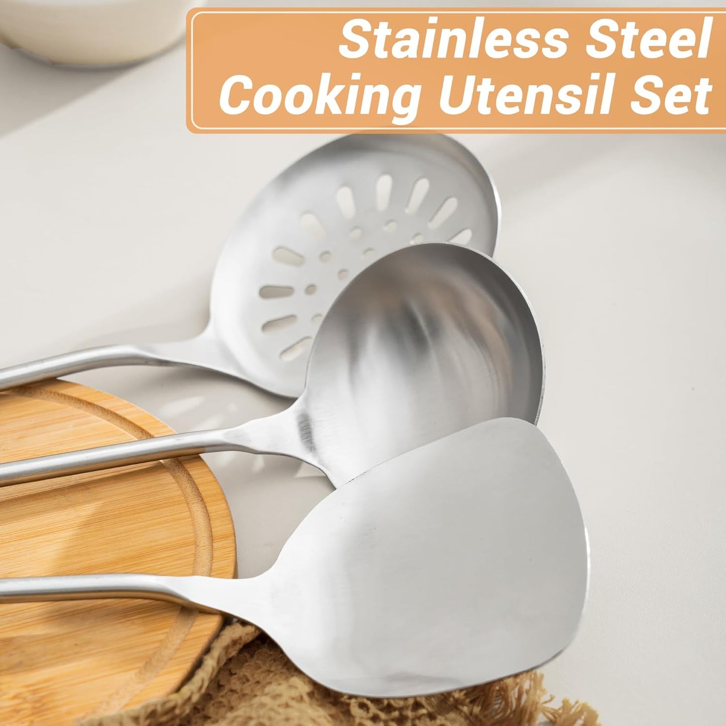 FJNATINH Cooking Utensils Set with Wood Handle, 6 PCS Wok Utensils Tools - Wok Accessories Cookware Set