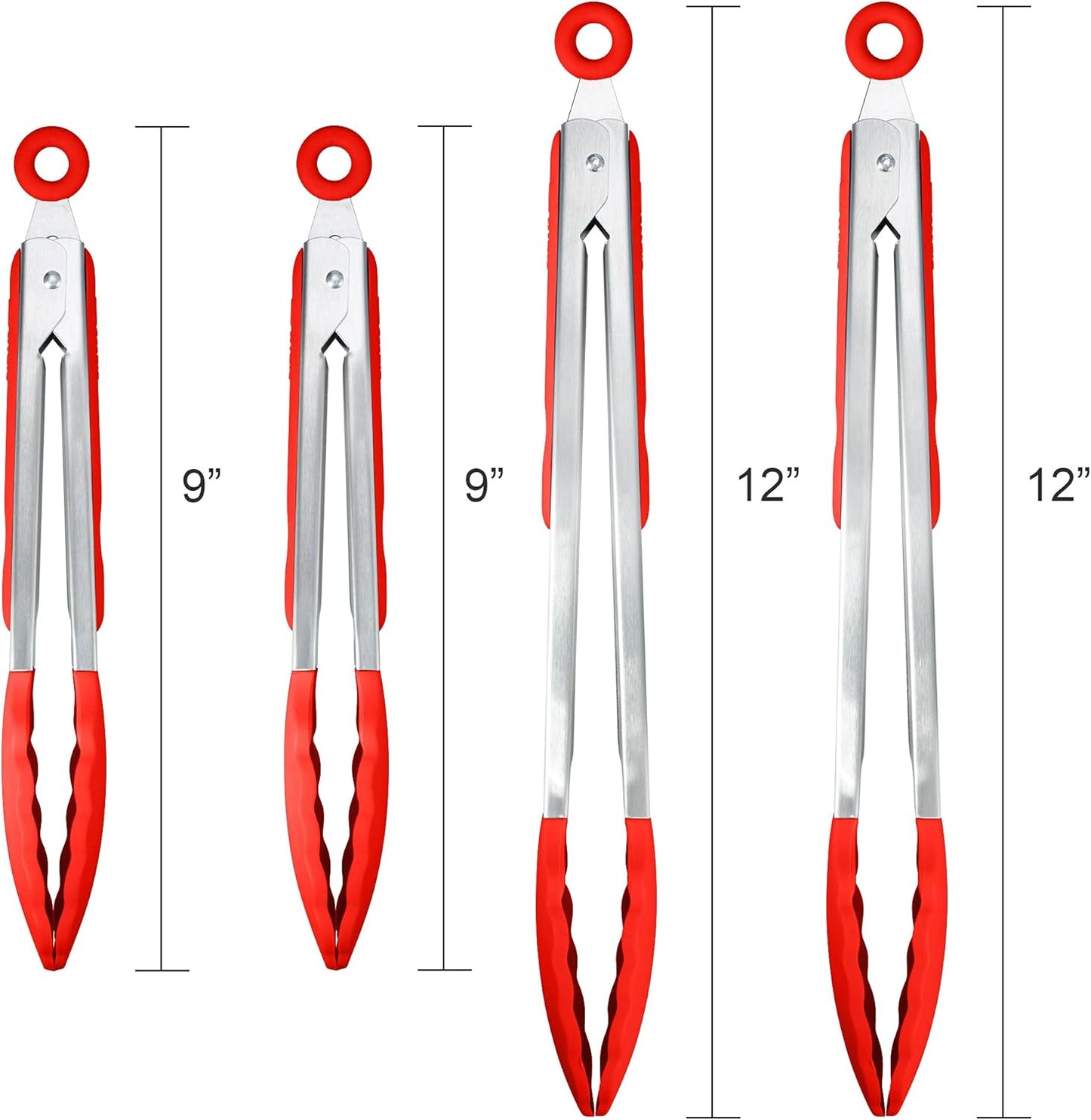 4 Pack Red Kitchen Tongs, Premium Silicone BPA Free Non-Stick Stainless Steel BBQ Cooking Grilling Locking Food Tongs, 9-Inch & 12-Inch