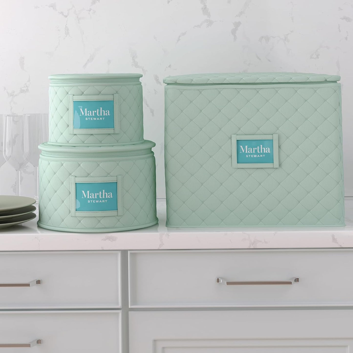 Martha Stewart Dinnerware Stemware Glassware Stackable Organizer Home Storage Container Case, 3 Piece Dinnerware Set Organizer For Dessert, Salad and Dinner Plates With Felt Dividers, Mint