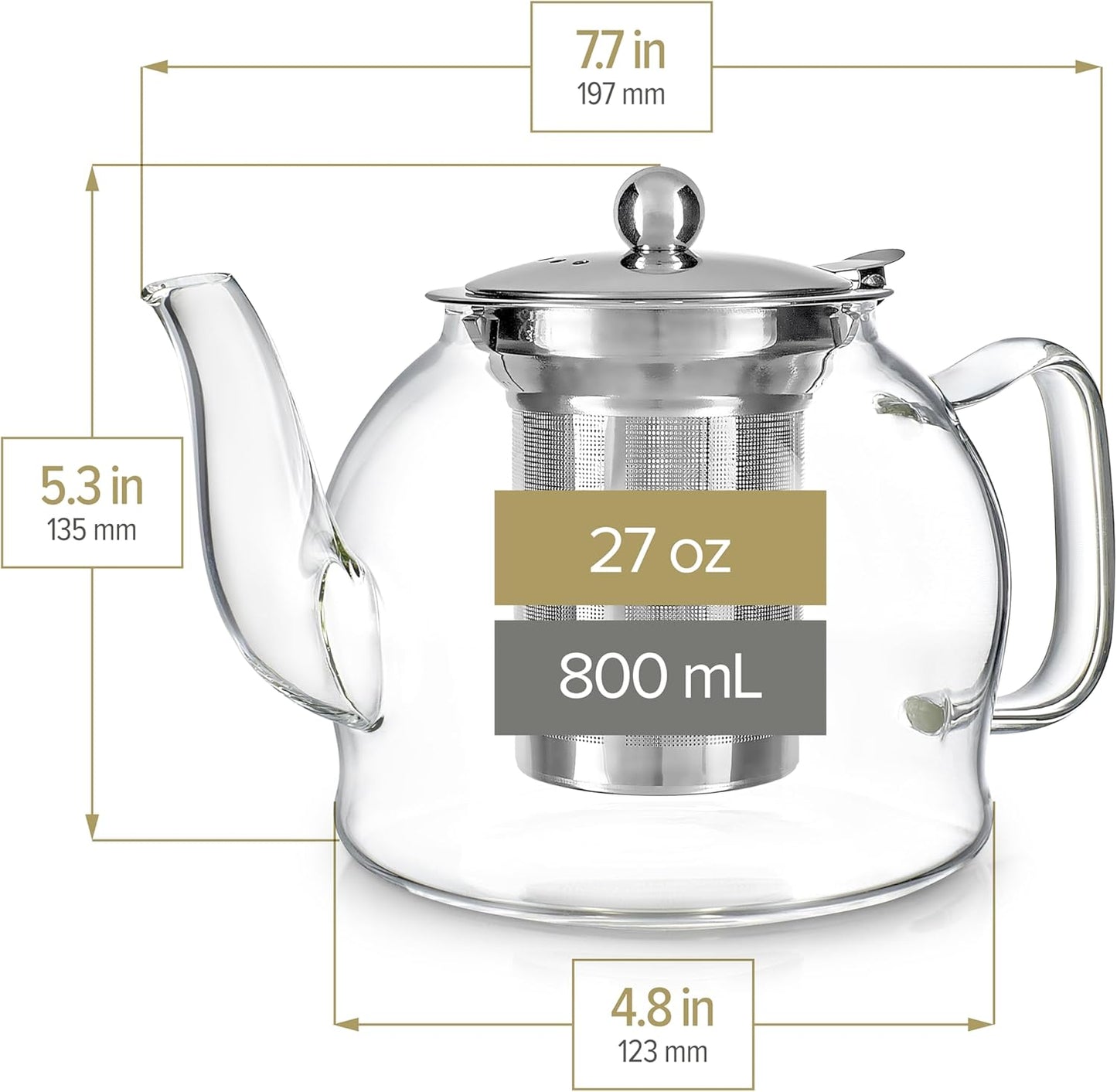 Teabloom Dublin Glass Teapot – Premium Borosilicate Glass with Removable Stainless Infuser – Stovetop Safe – Ideal for Loose Leaf Tea – Tea for Two – 27 oz. / 800 ml (2-3 Cups)