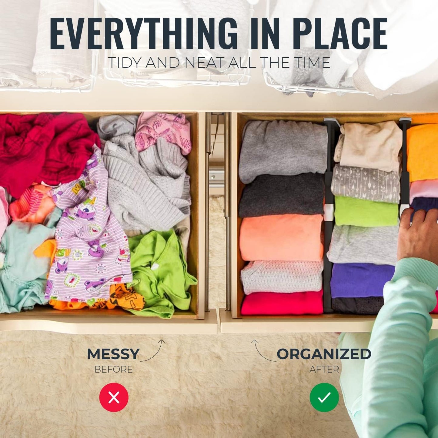 RAPTUROUS Adjustable Drawer Dividers 8 Pack, 4” High, 11-17” Long, Dresser Drawer Organizer for Bedroom, Closet, Kitchen, Nursery, Office, Strong Hold, Soft Foam Edges, Black