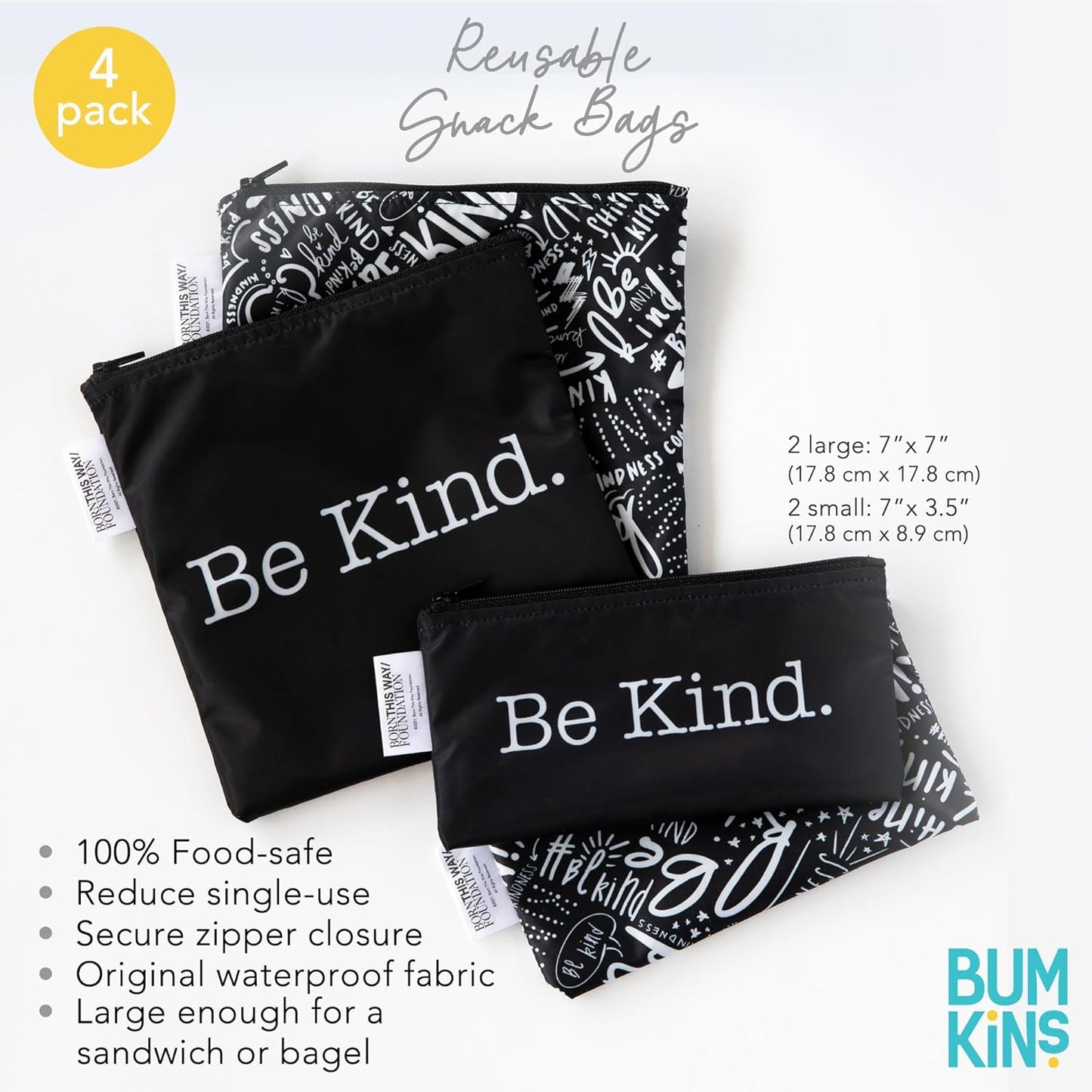 Bumkins - Cloth Snack & Sandwich Bags - For Storage, Travel, Food Prep, Lunch - Reusable, Water Resistant, Washable, Dishwasher Safe - Snack Bags for Kids - Zipper Closure - BTWF Be Kind - 4 Pack