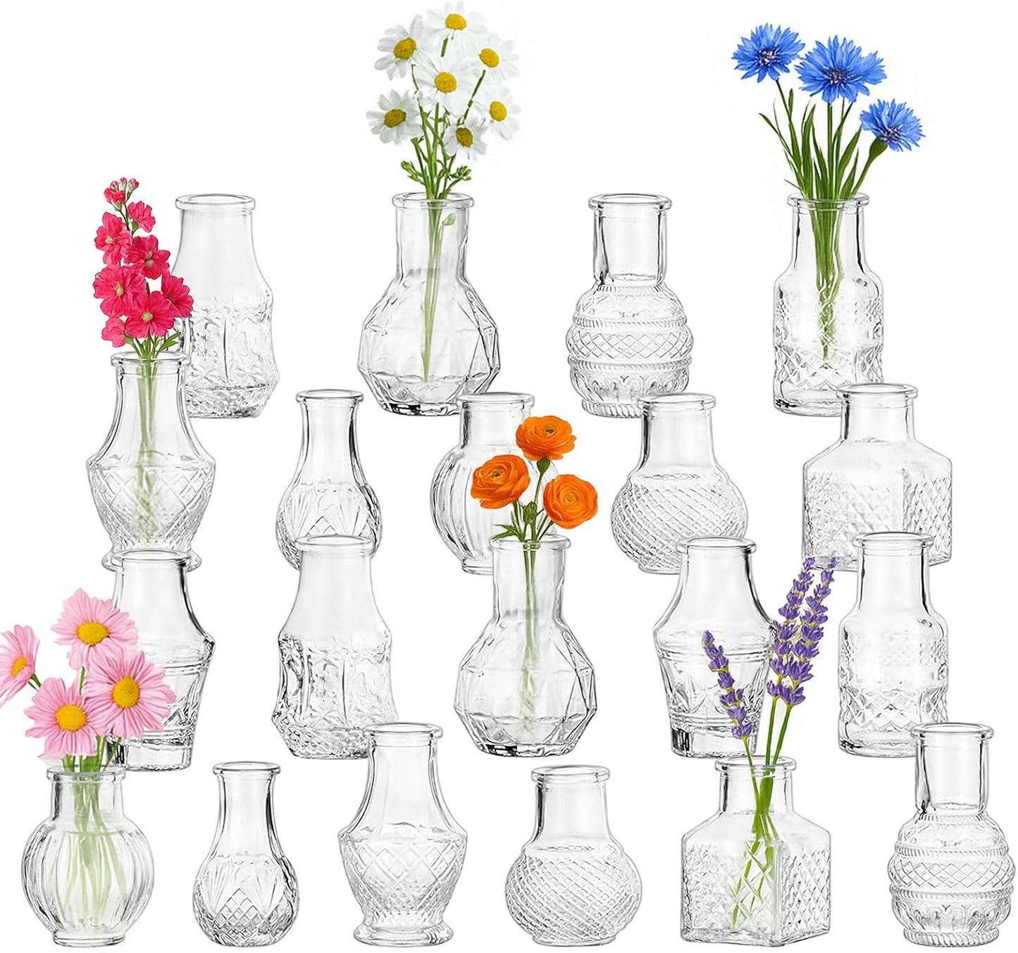 Glass Bud Vase Set of 20 Pcs, Small Clear Bud Vases for Flowers, Vintage Vases for Centerpiece Table Wedding Decorations Home Decor Glass Bottles for Birthday Party Anniversary
